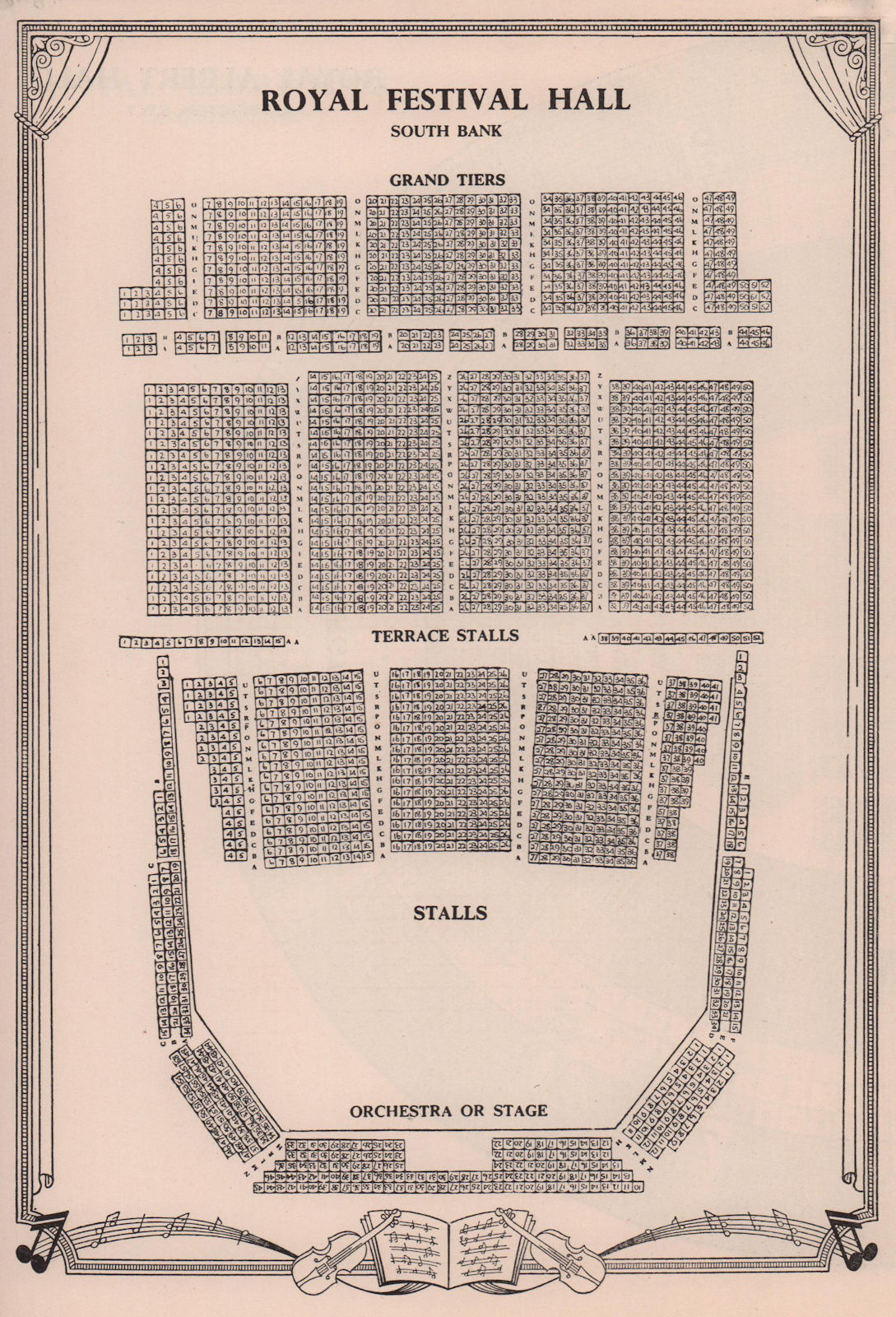 Royal Festival Hall, South Bank, London. Vintage seating plan 1955 old print