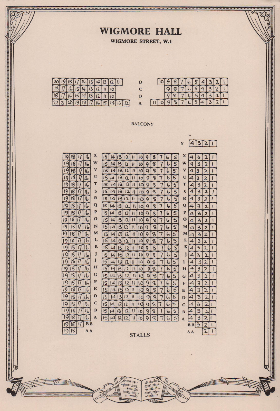 Wigmore Hall, Wigmore Street, London. Vintage seating plan 1955 old print