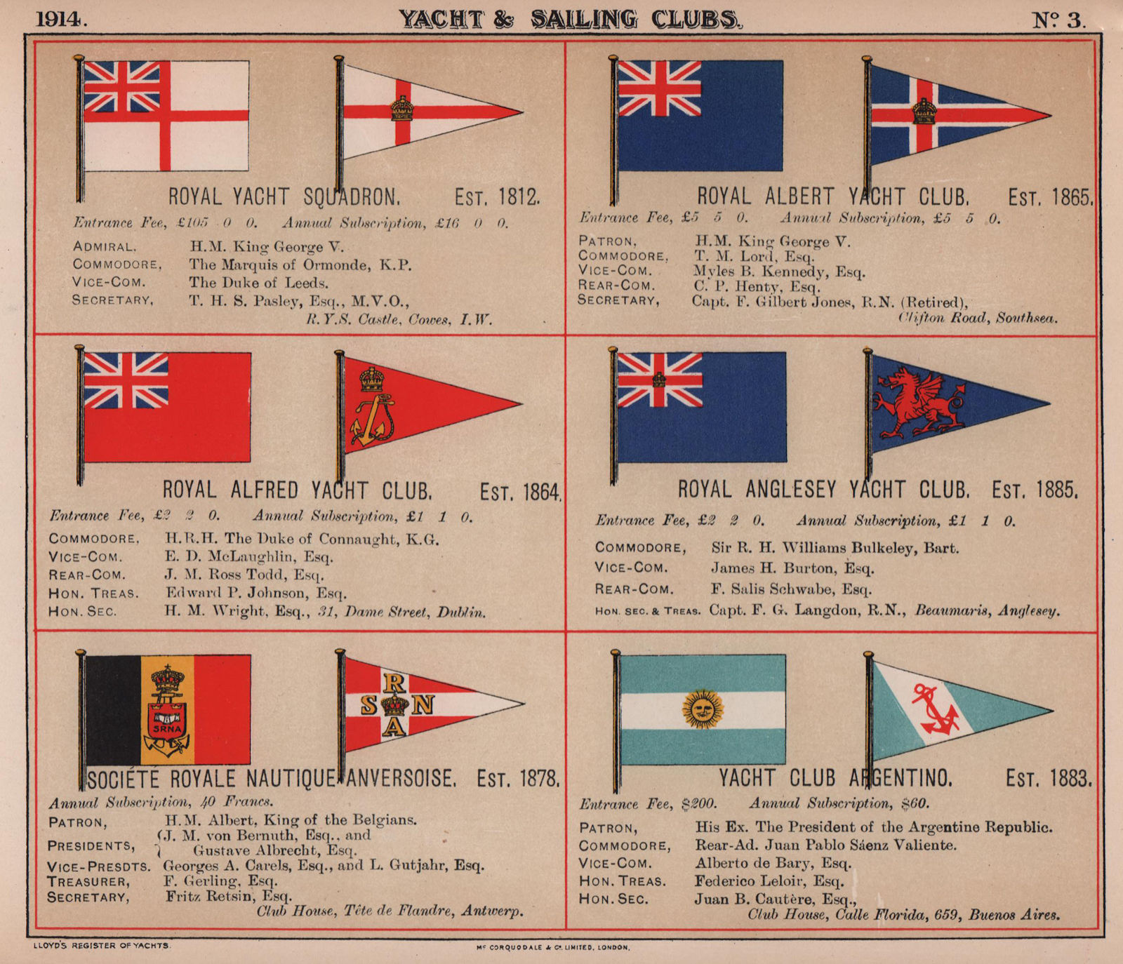 ROYAL YACHT/SAILING CLUB FLAGS A Squadron Albert Alfred Anglesey Argentino 1914