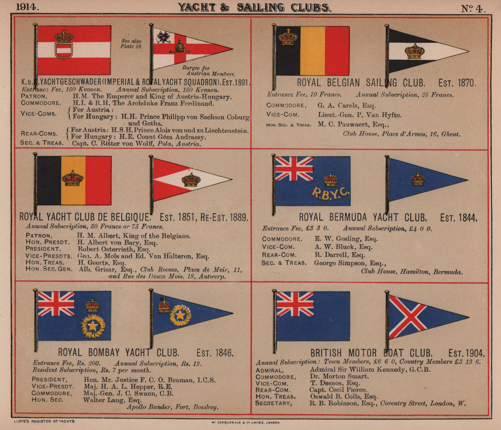 ROYAL YACHT & SAILING CLUB FLAGS A-B Belgian Bermuda Bombay British Motor 1914
