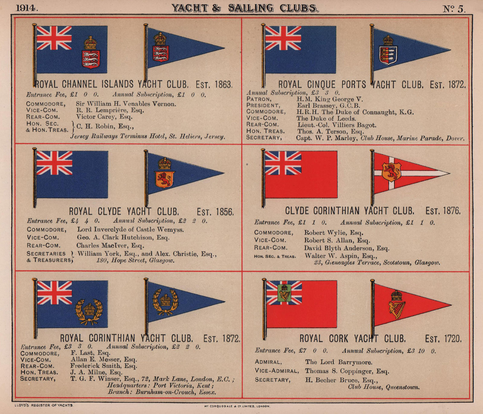 ROYAL YACHT & SAILING CLUB FLAGS C Channel Islands Cinque Ports Clyde Cork 1914