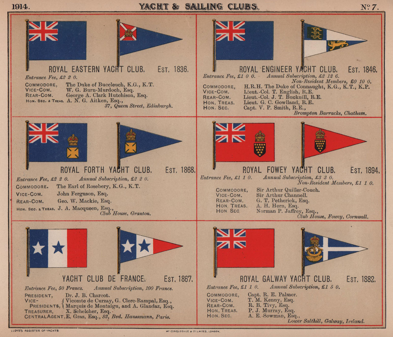 ROYAL YACHT & SAILING CLUB FLAGS E-G Eastern Engineer Forth Fowey Galway 1914
