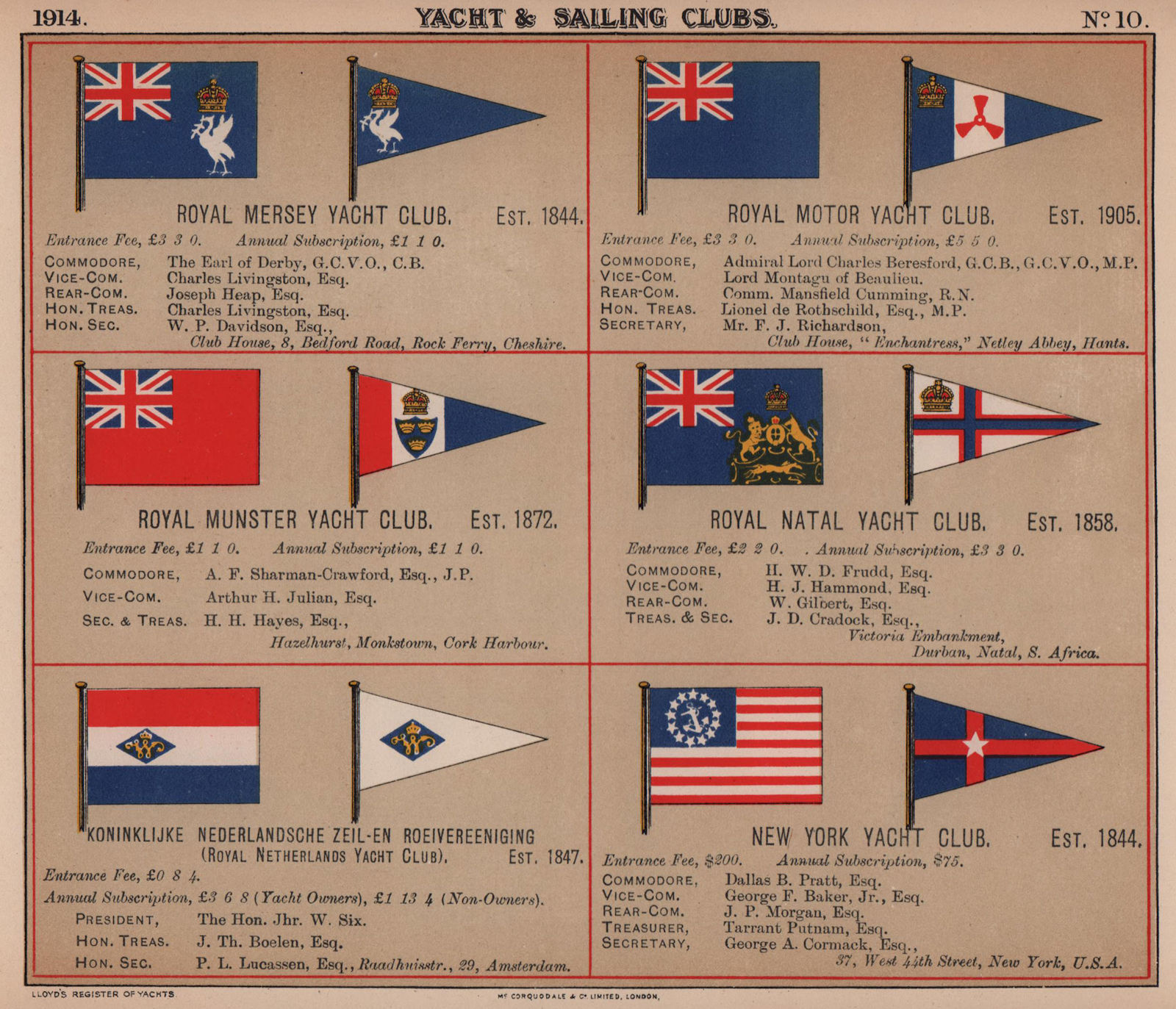 ROYAL YACHT & SAILING CLUB FLAGS M-N Mersey Munster Nederland New York YC 1914
