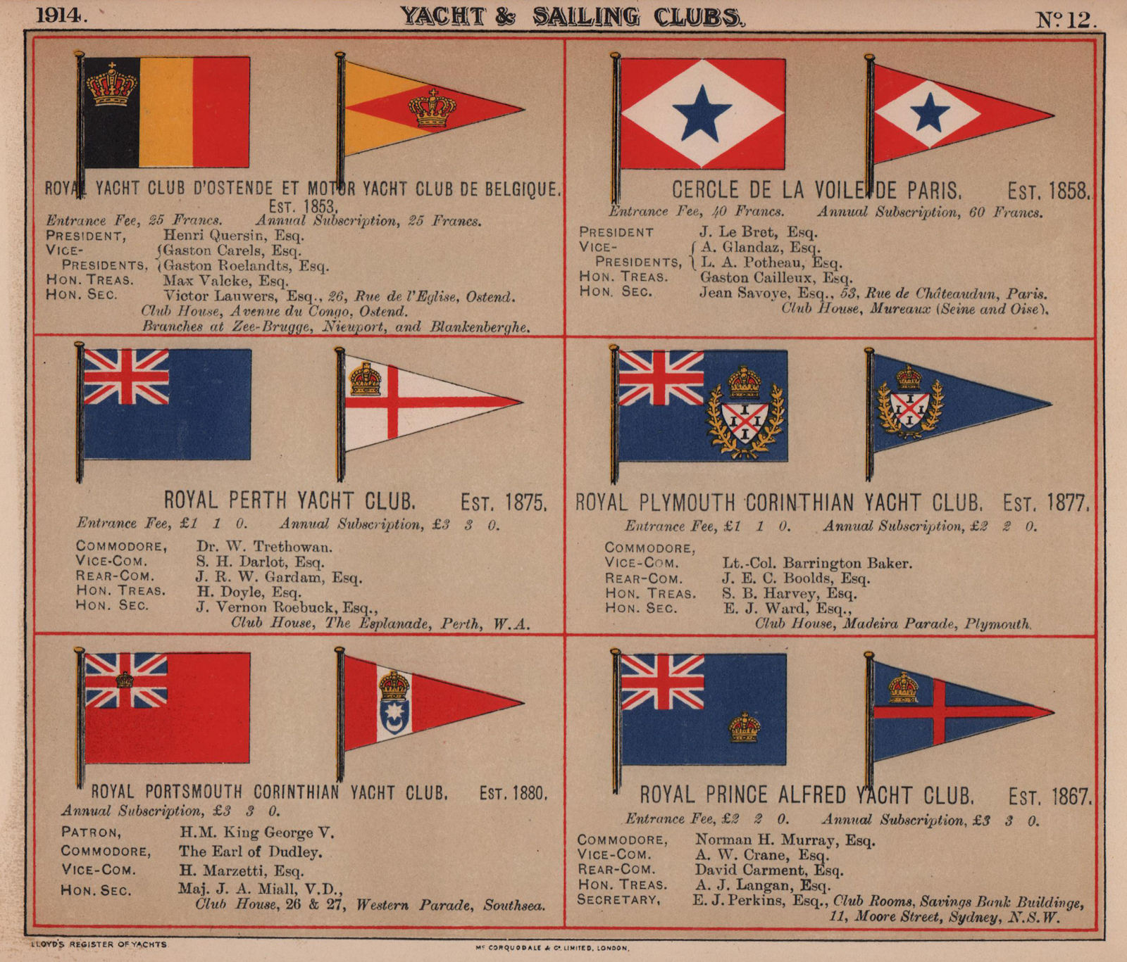 ROYAL YACHT & SAILING CLUB FLAGS N-P D Ostende Perth Plymouth Portsmouth 1914