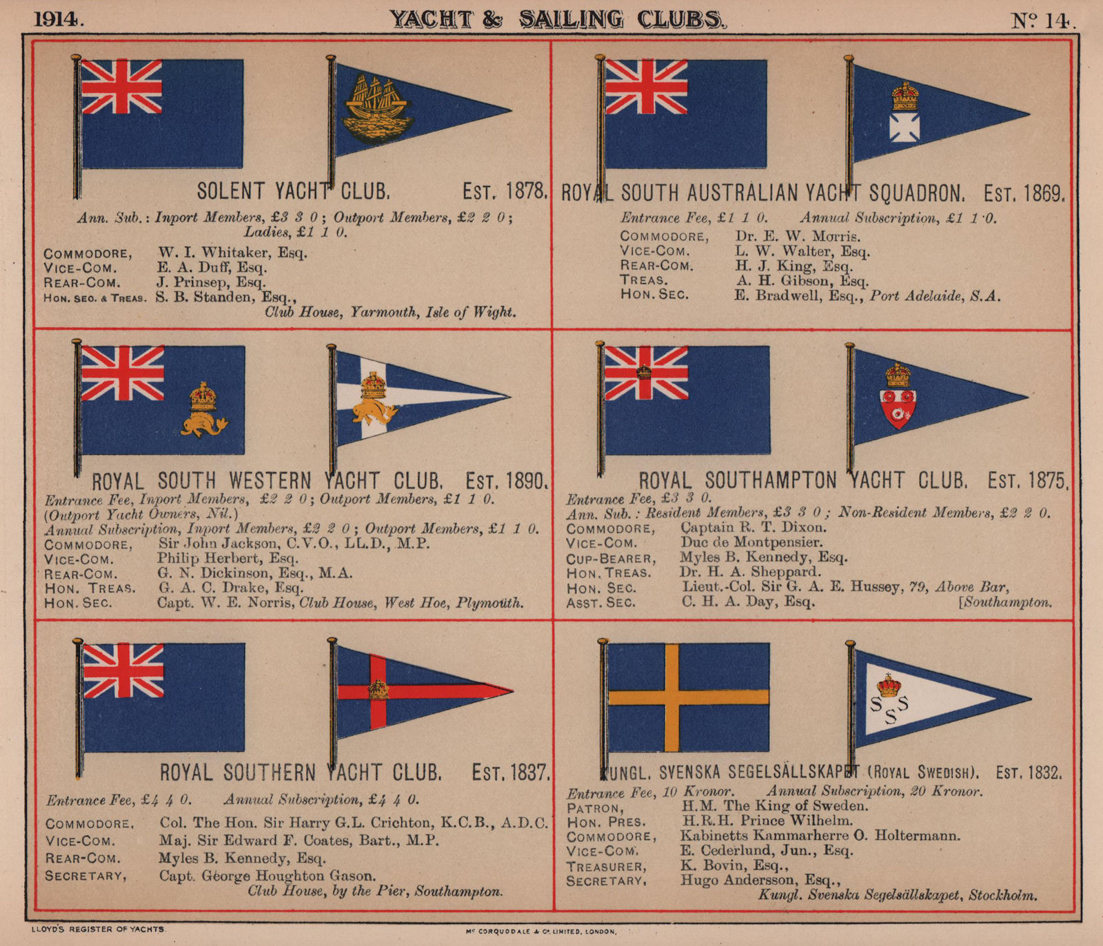 ROYAL YACHT & SAILING CLUB FLAGS S Solent South Australian Southampton 1914