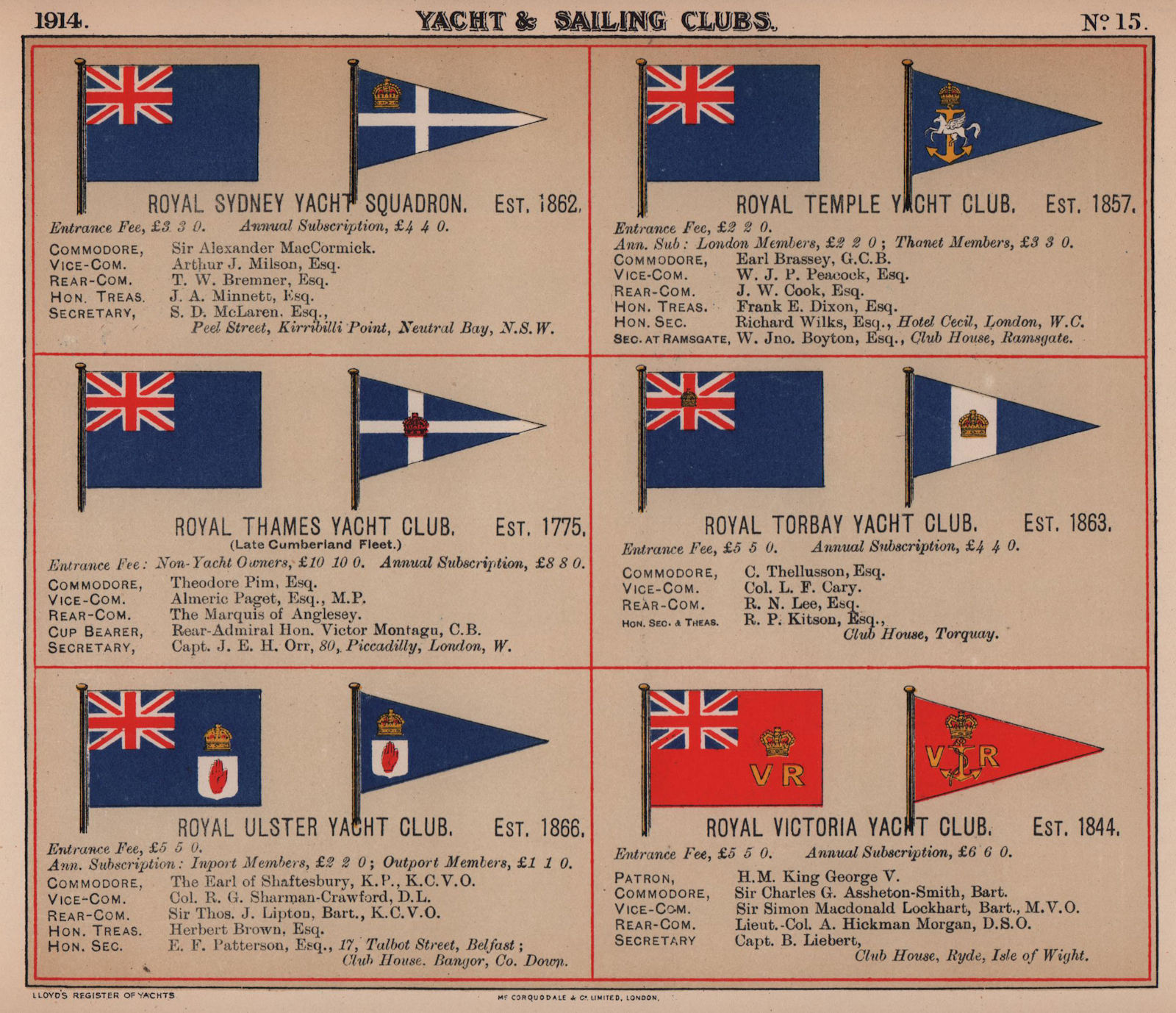 ROYAL YACHT & SAILING CLUB FLAGS S-V Sydney Temple Thames Ulster Victoria 1914