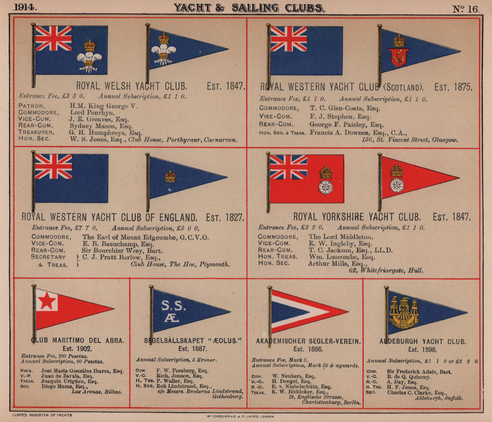 ROYAL YACHT & SAILING CLUB FLAGS W-Y Welsh Yorkshire Abraa Aeolus Aldeburgh 1914