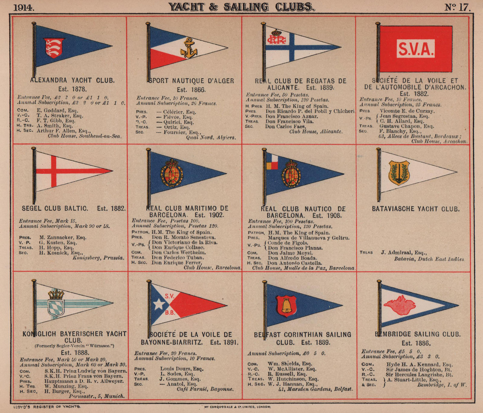 YACHT & SAILING CLUB FLAGS A-B Alicante Arcachon Baltic Barcelona Batavia 1914