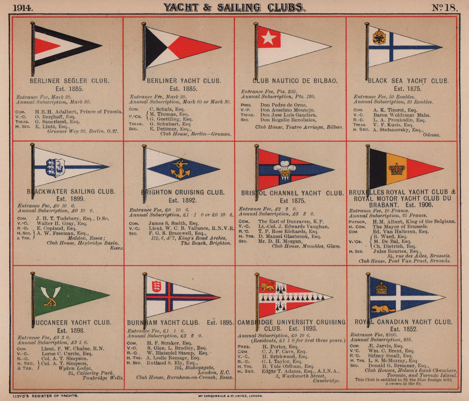 YACHT & SAILING CLUB FLAGS B-C Bilbao Bristol Channel Brabant Buccaneer 1914