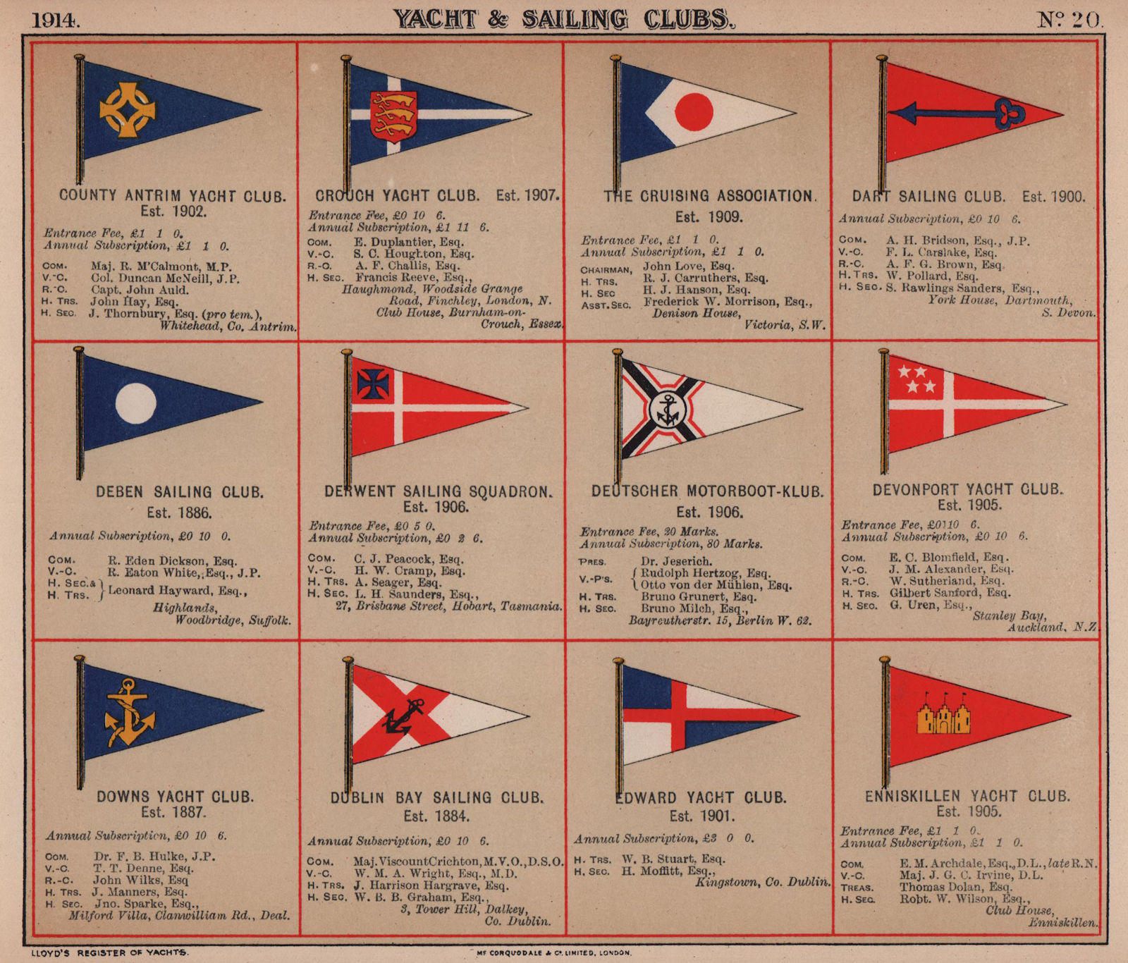 YACHT/SAILING CLUB FLAGS C-E Antrim Dart Deben Devonport Dublin Enniskillen 1914