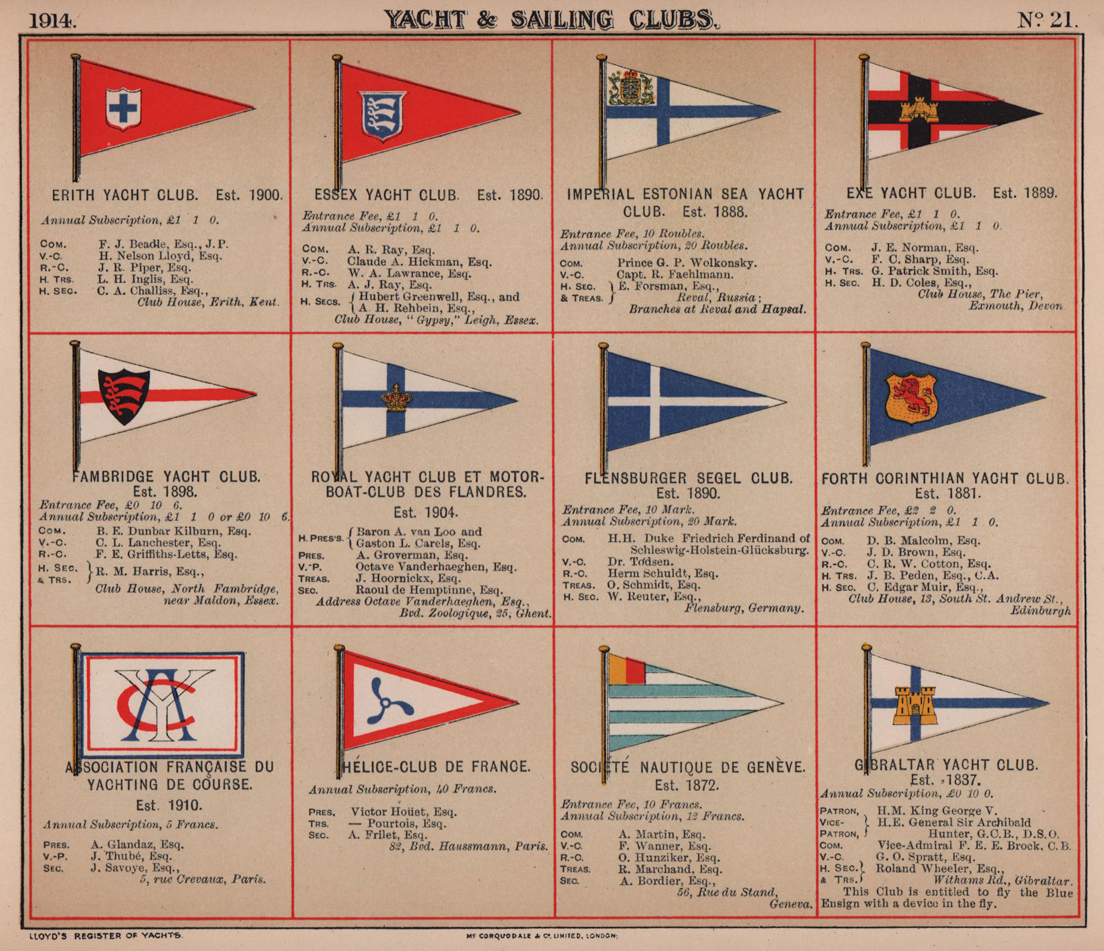 Associate Product YACHT/SAILING CLUB FLAGS E-G Essex Exe Flandres Flensburg Helice Gibraltar 1914