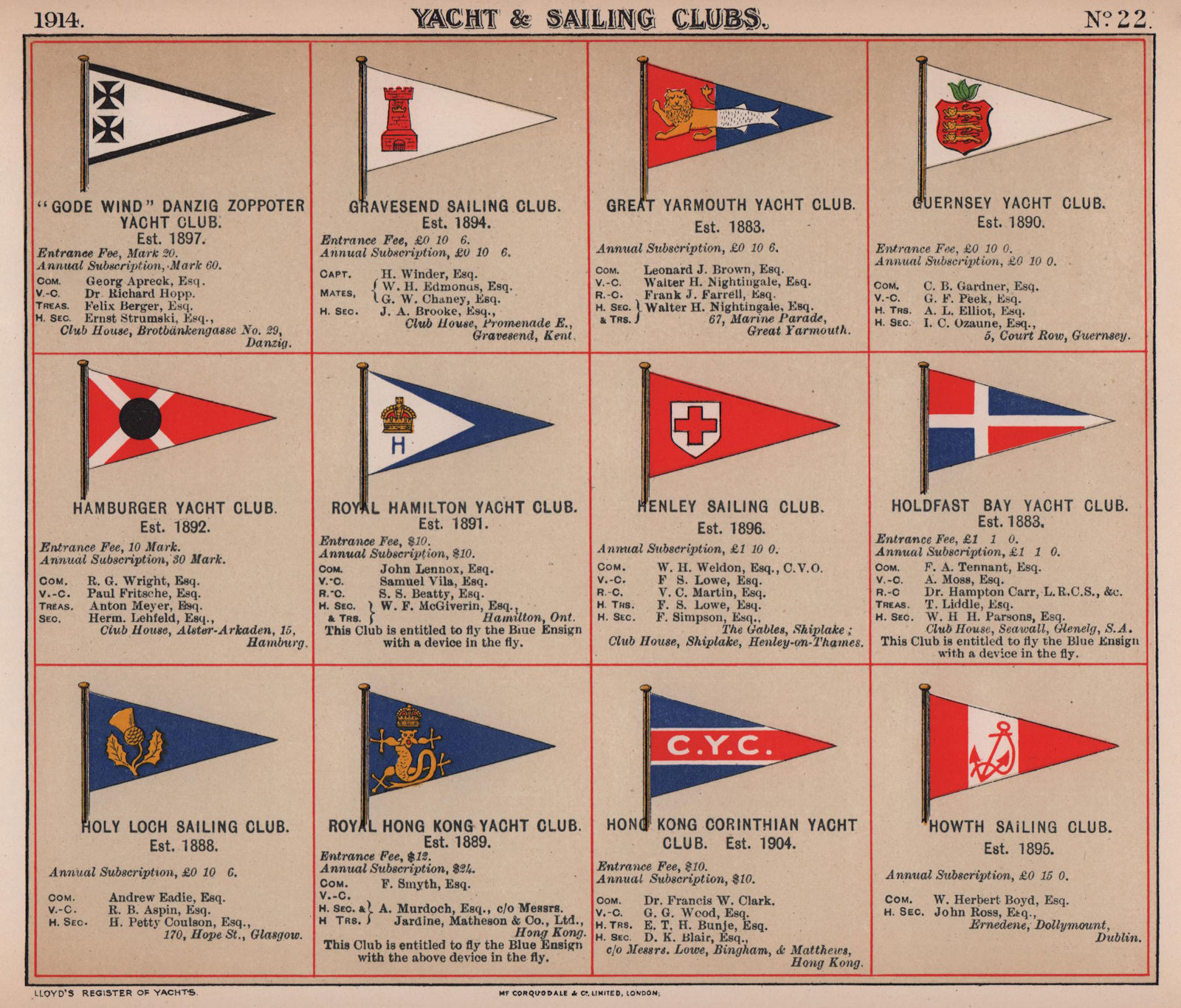 YACHT & SAILING CLUB FLAGS G-H Gdansk Sopot Guernsey Henley Hong Kong 1914