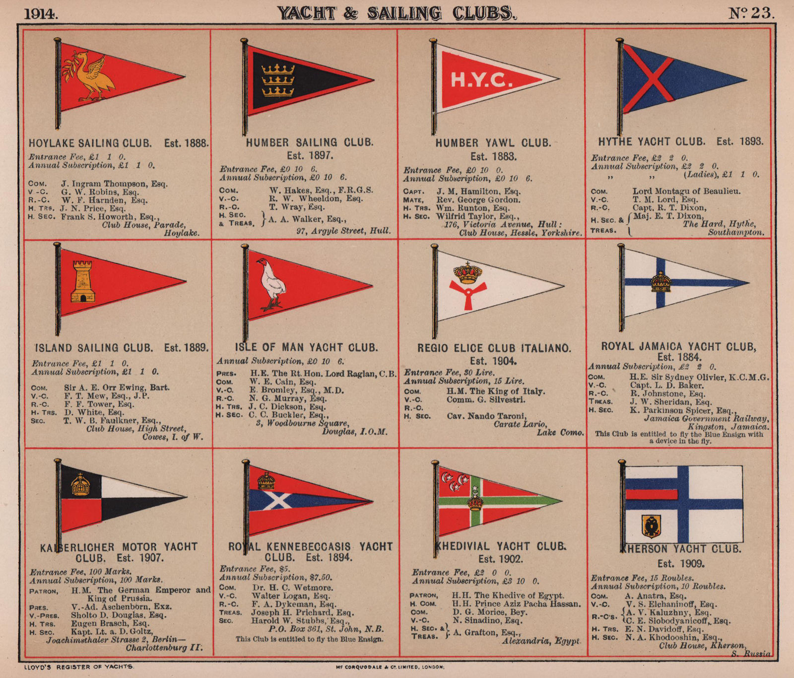 YACHT & SAILING CLUB FLAGS H-K Humber Isle of Man Jamaica Khedivial Kherson 1914
