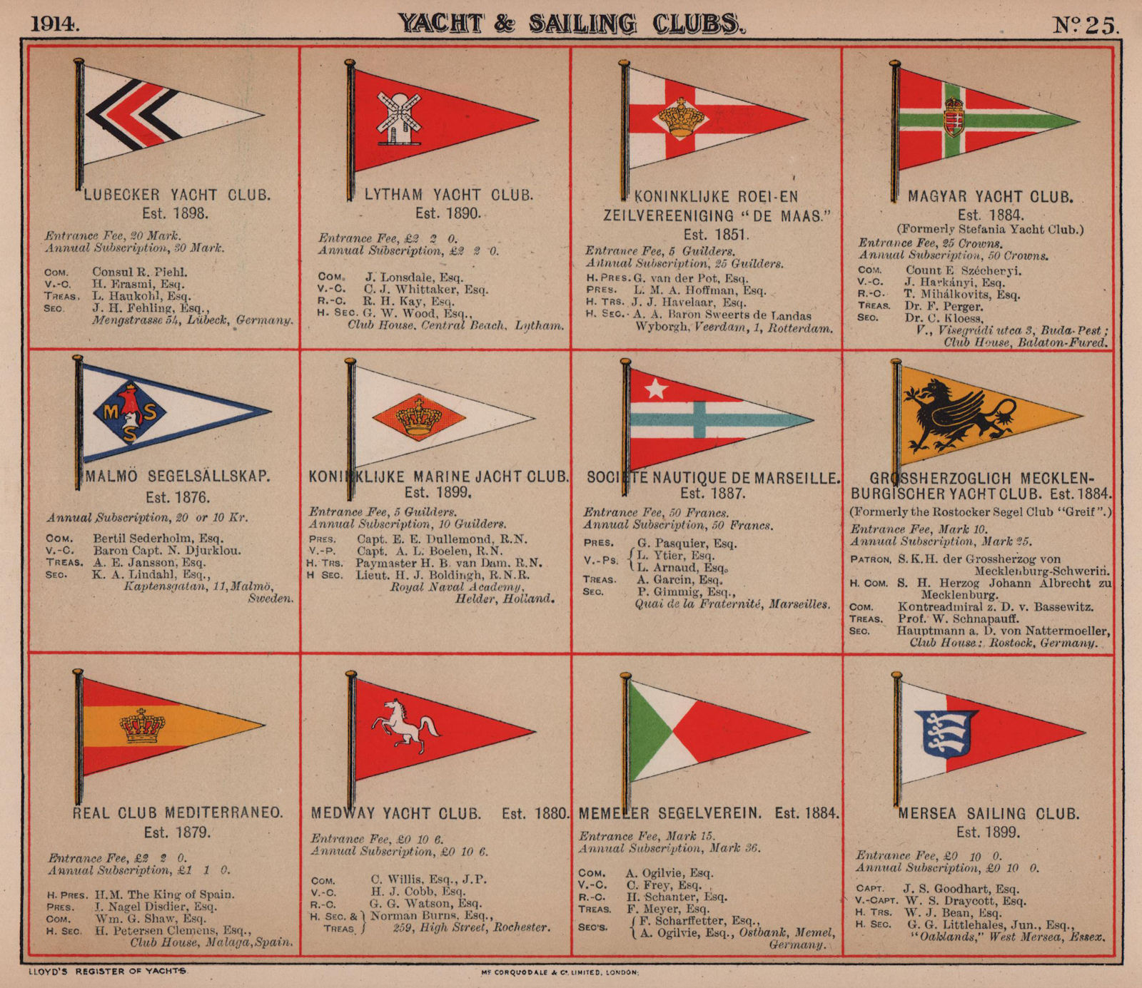 YACHT & SAILING CLUB FLAGS L-M Lubeck Lytham Maas Malmo Mediterraneo Medway 1914