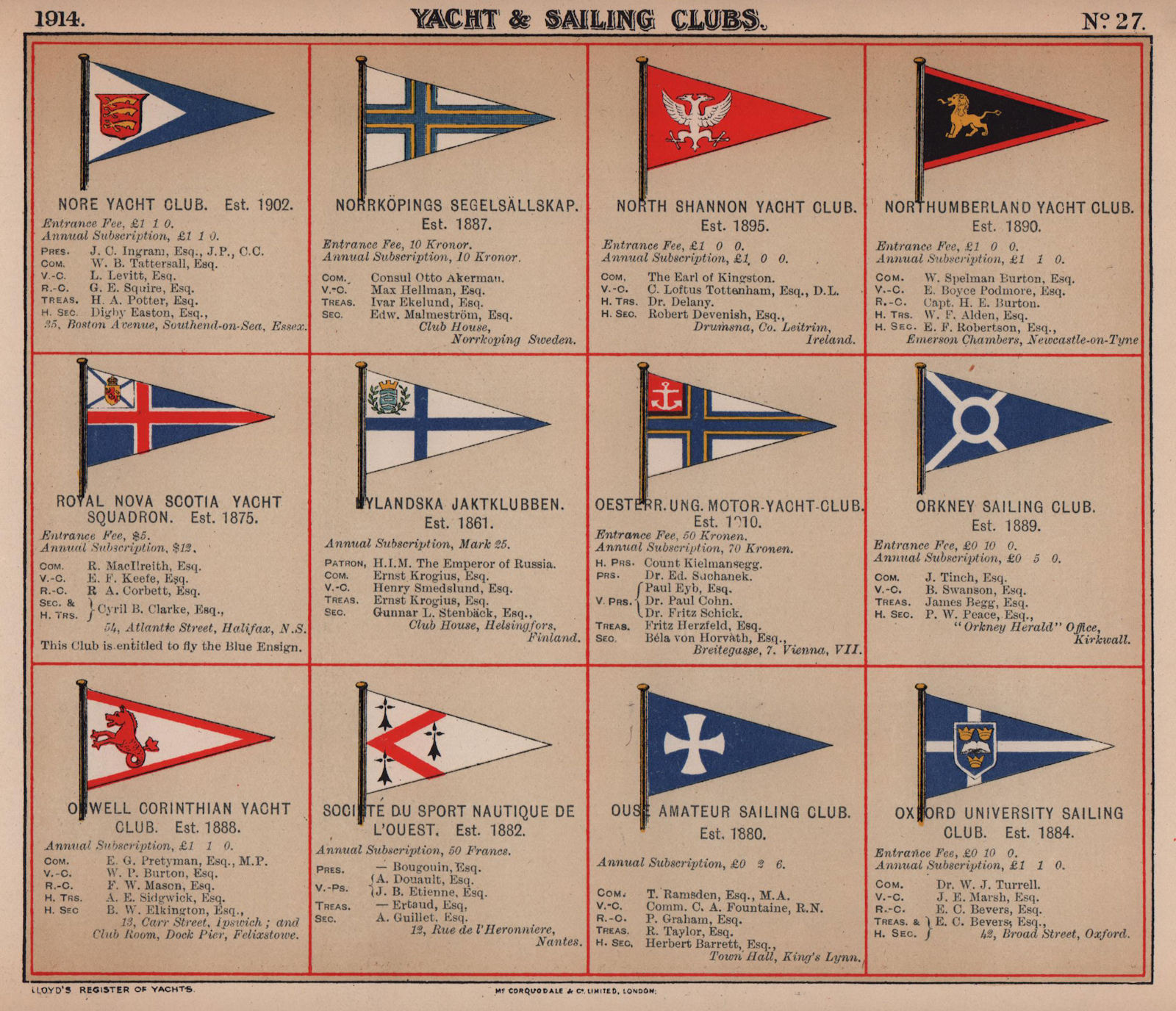 YACHT/SAILING CLUB FLAGS N-O Northumberland Nova Scotia Orkney Ouse Oxford 1914