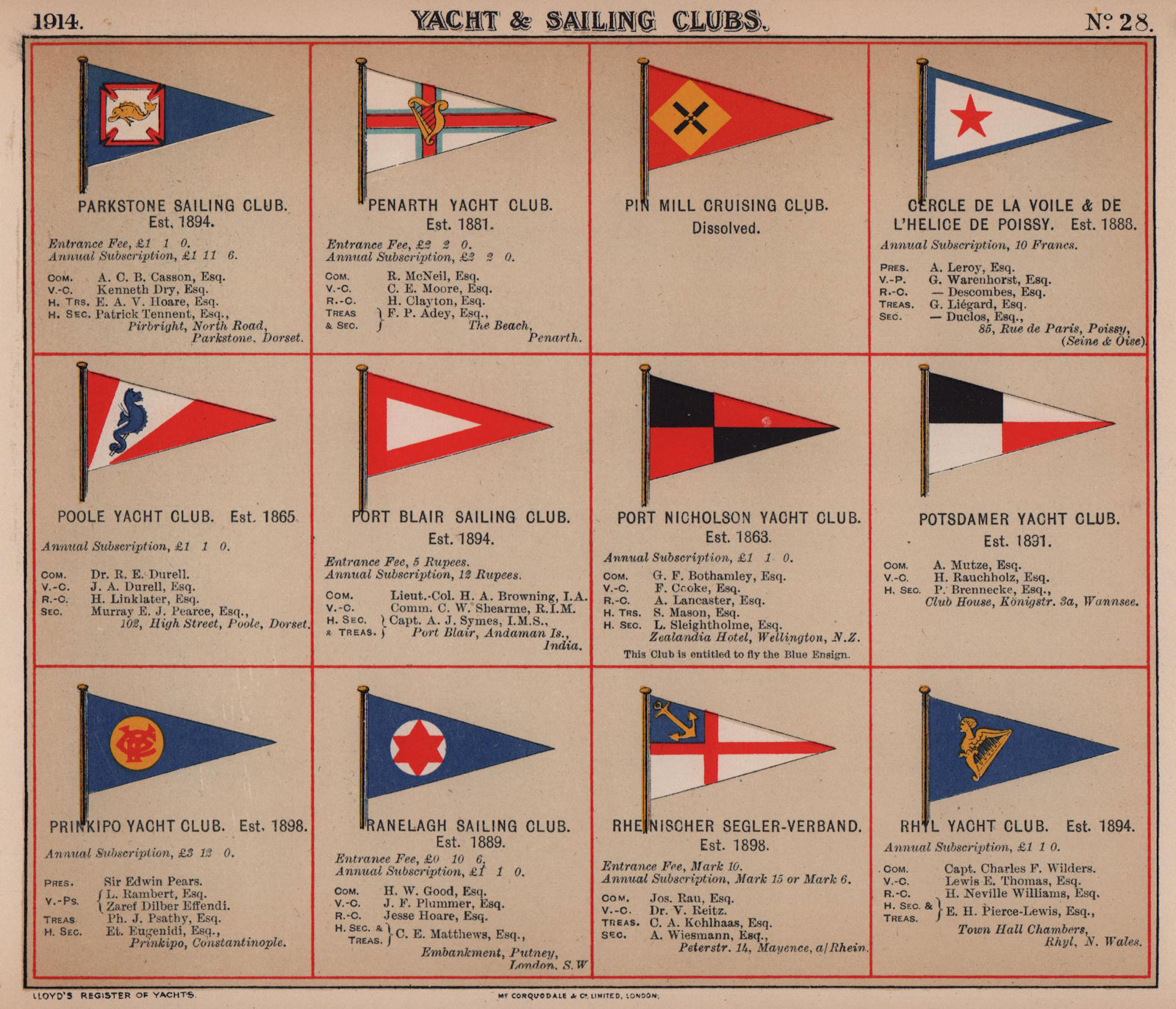 YACHT/SAILING CLUB FLAGS P-R Pin Mill Poole Potsdam Prinkipo Ranelagh Rhyl 1914