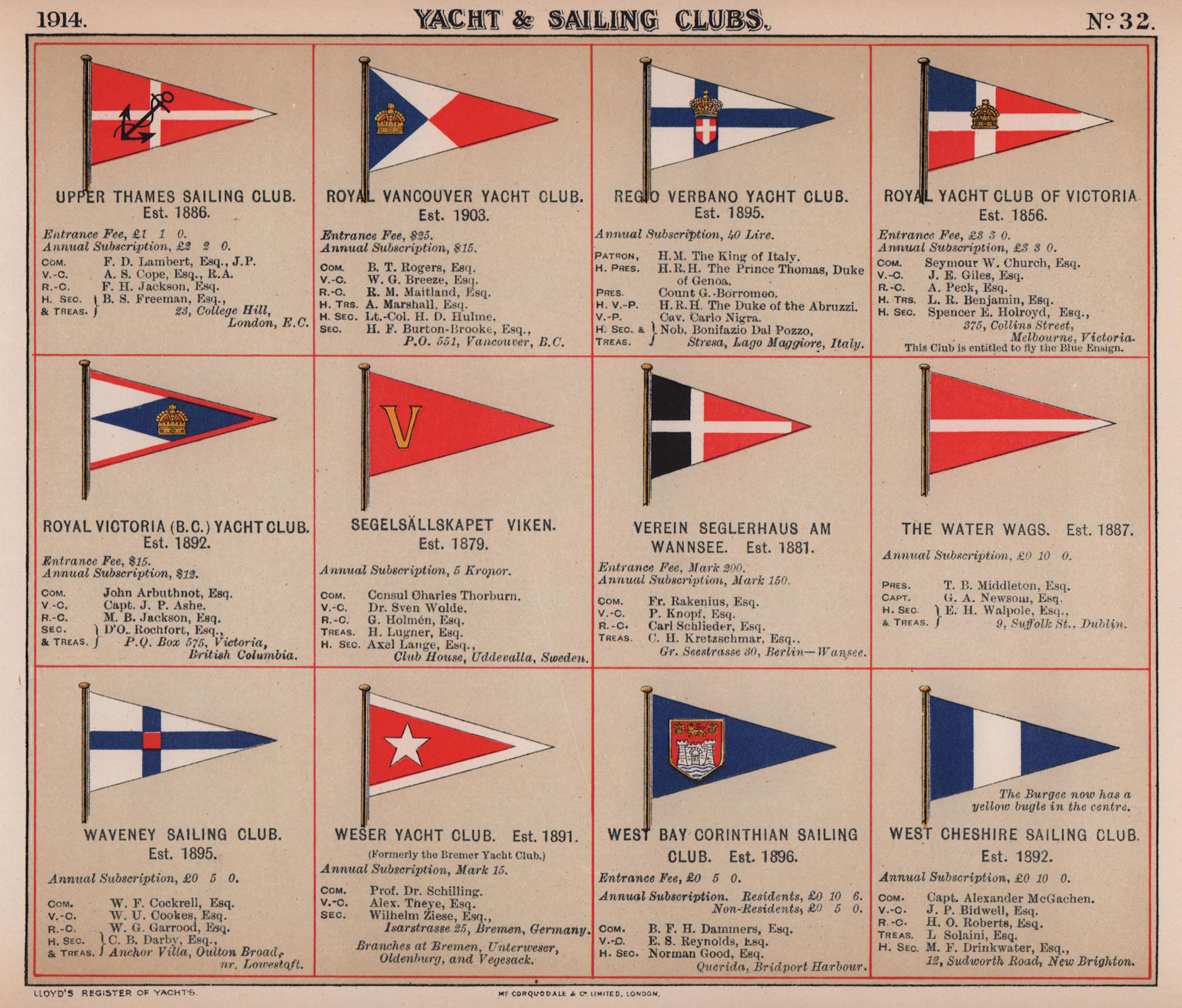 YACHT/SAILING CLUB FLAGS U-W Vancouver Water Wags Waveney West Bay Cheshire 1914