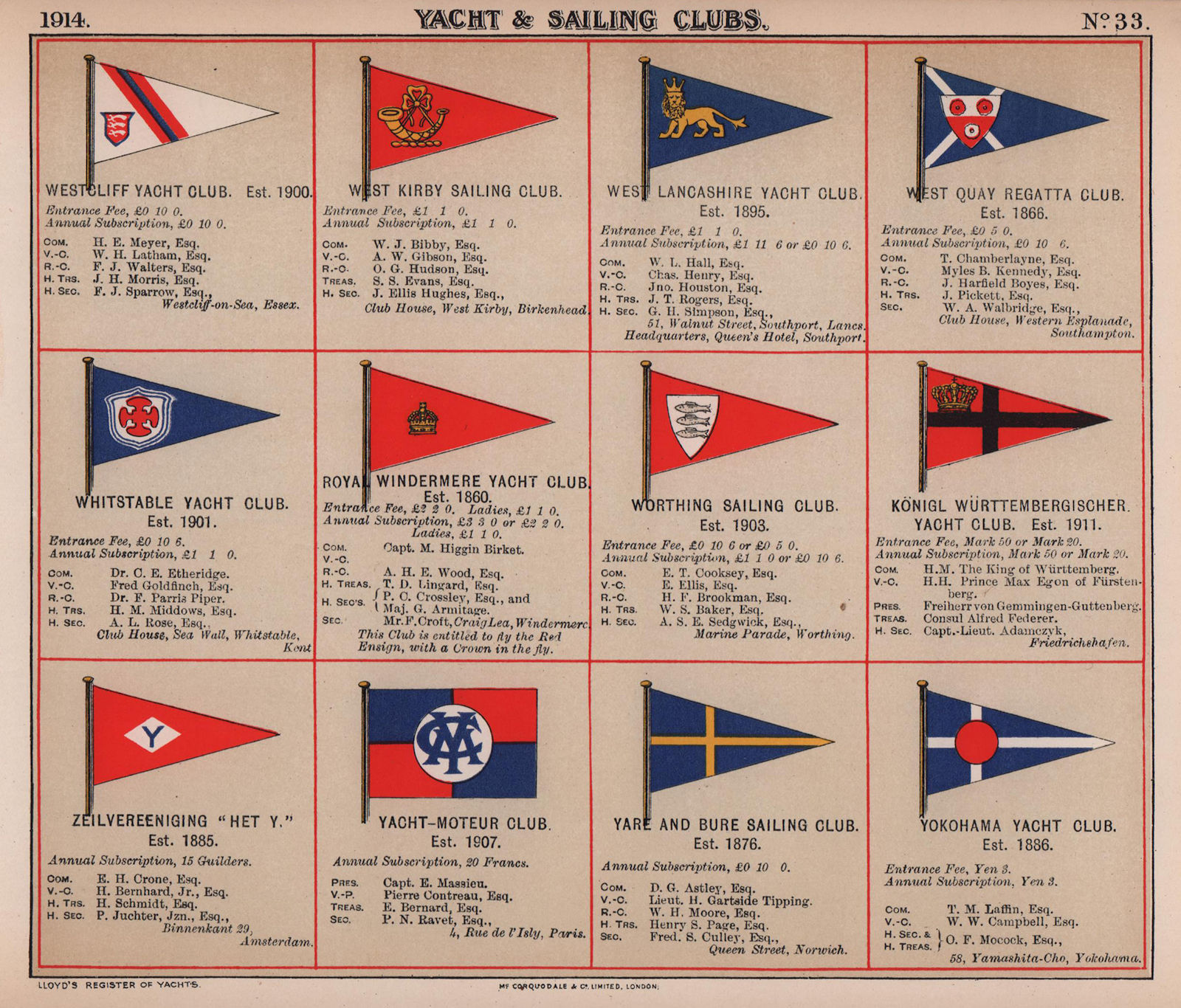 YACHT/SAILING CLUB FLAGS W-Y Whitstable Windermere Worthing Het Y Yokohama 1914