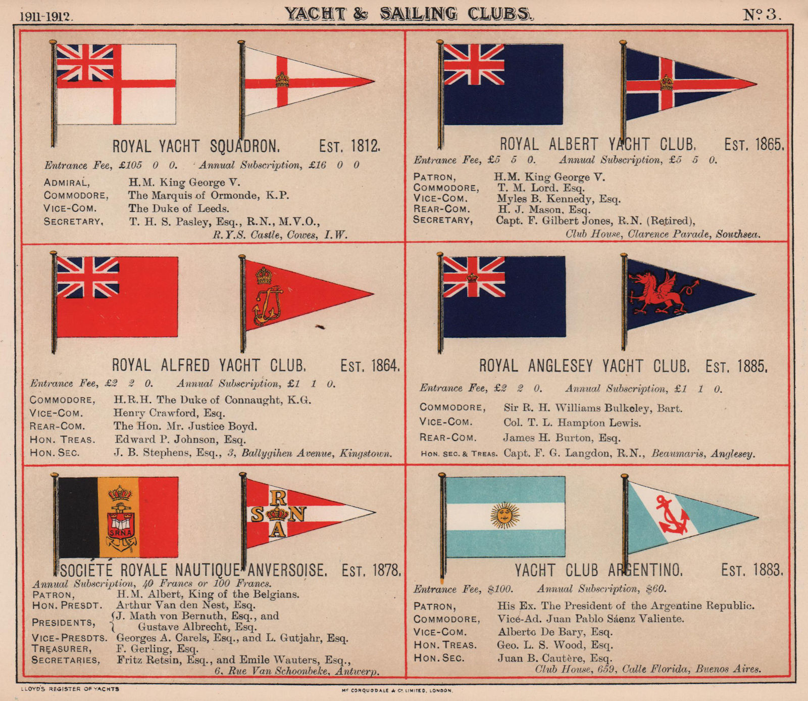 ROYAL YACHT/SAILING CLUB FLAGS A Squadron Albert Alfred Anglesey Argentino 1911
