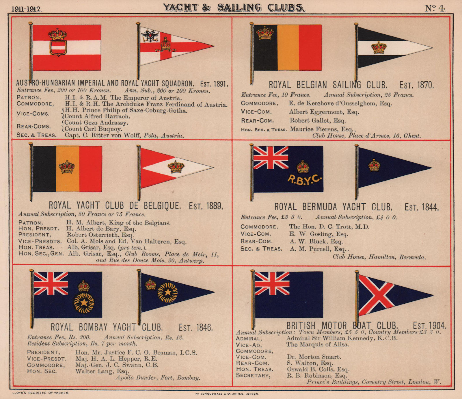 ROYAL YACHT & SAILING CLUB FLAGS A-B Belgian Bermuda Bombay British Motor 1911