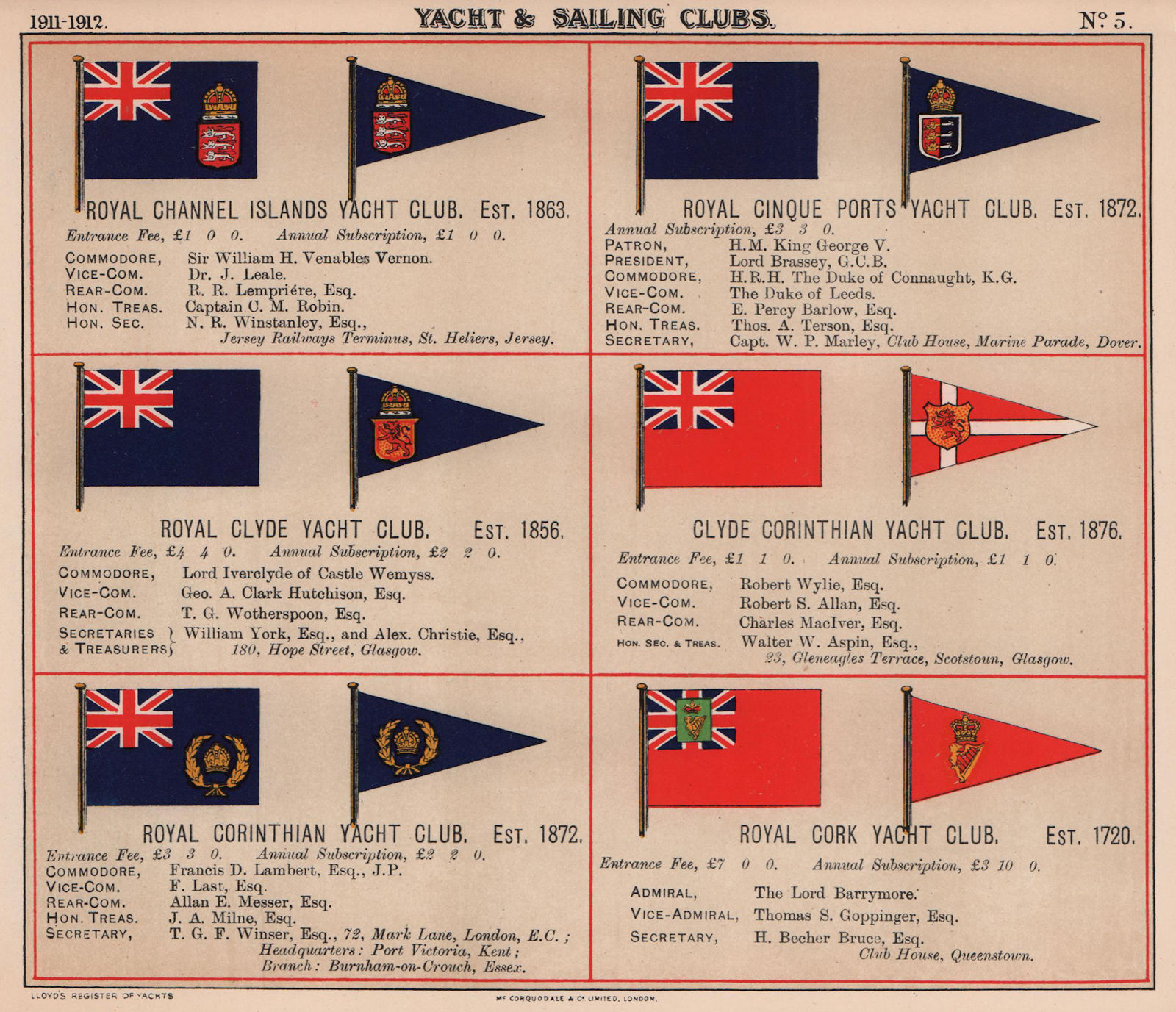 ROYAL YACHT & SAILING CLUB FLAGS C Channel Islands Cinque Ports Clyde Cork 1911