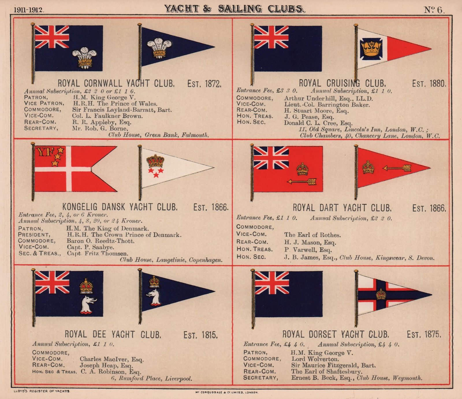 ROYAL YACHT/SAILING CLUB FLAGS C-D Cornwall Kongelig Dansk Dart Dee Dorset 1911