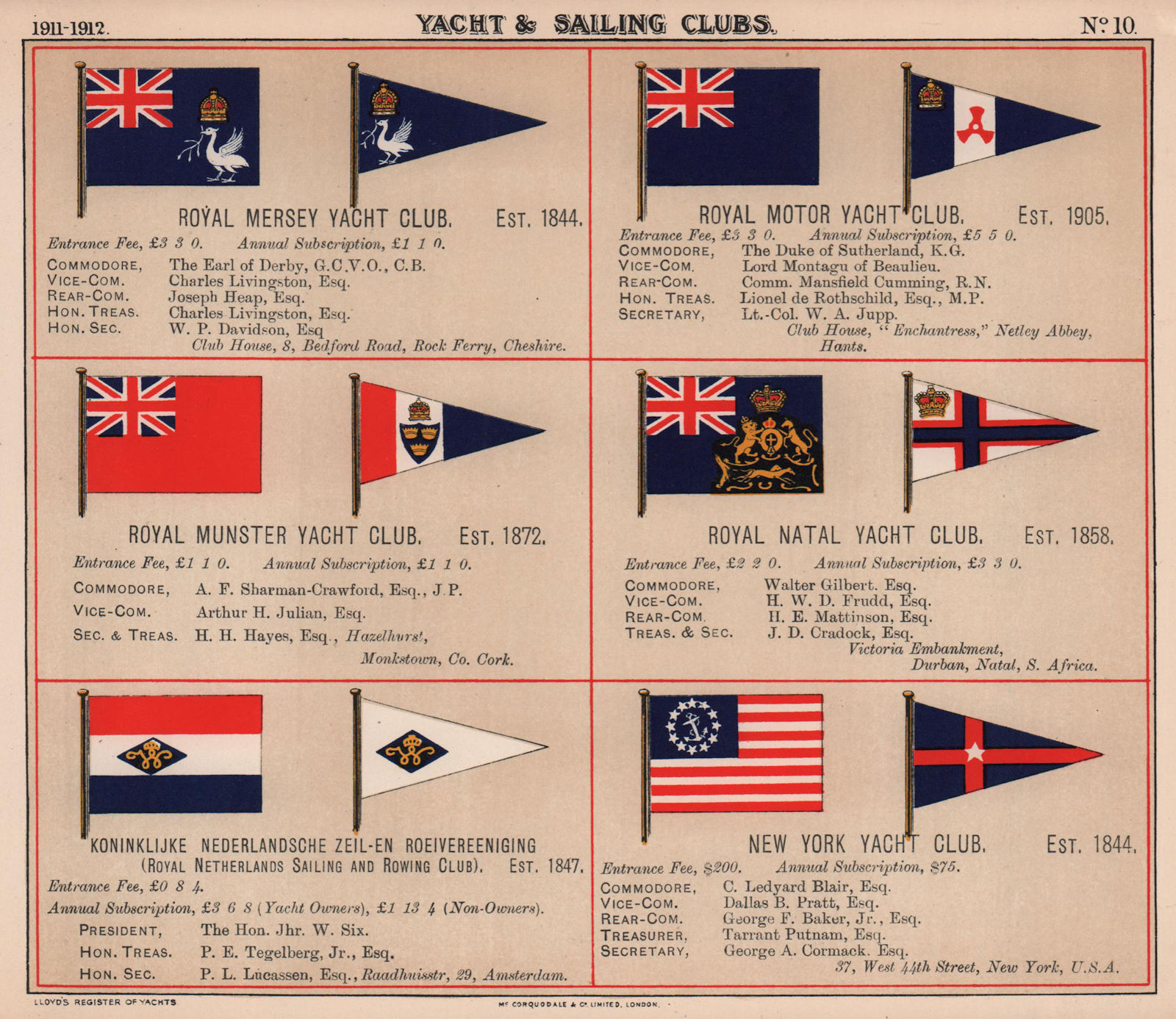 ROYAL YACHT & SAILING CLUB FLAGS M-N Mersey Munster Nederland New York YC 1911