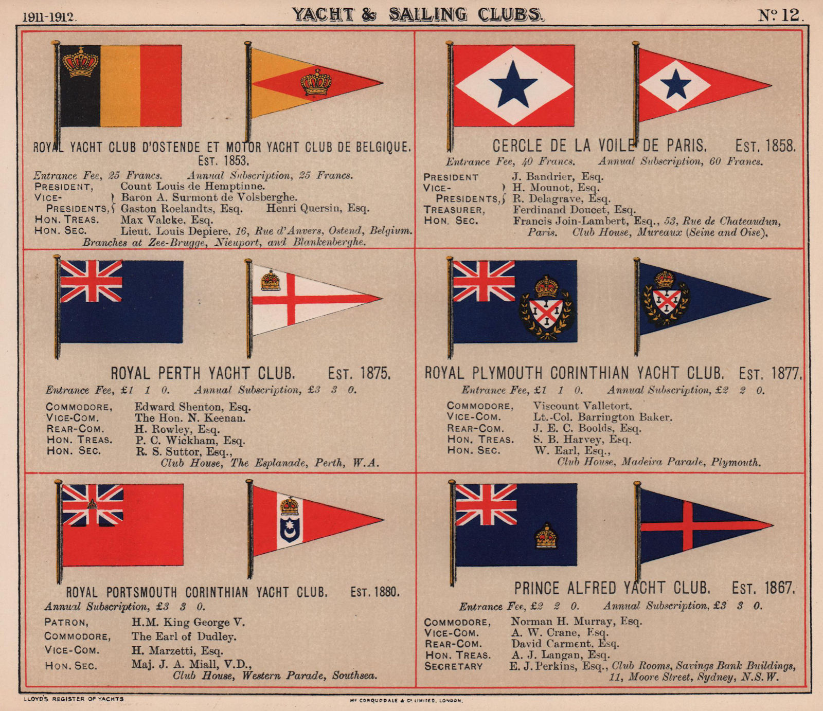 Associate Product ROYAL YACHT & SAILING CLUB FLAGS N-P D Ostende Perth Plymouth Portsmouth 1911