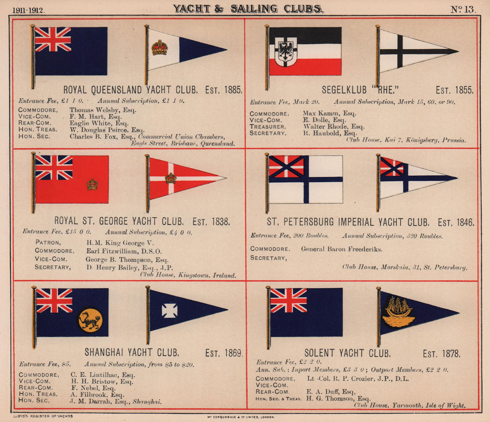 ROYAL YACHT/SAILING CLUB FLAGS Q-S Queensland St Petersburg Shanghai Solent 1911