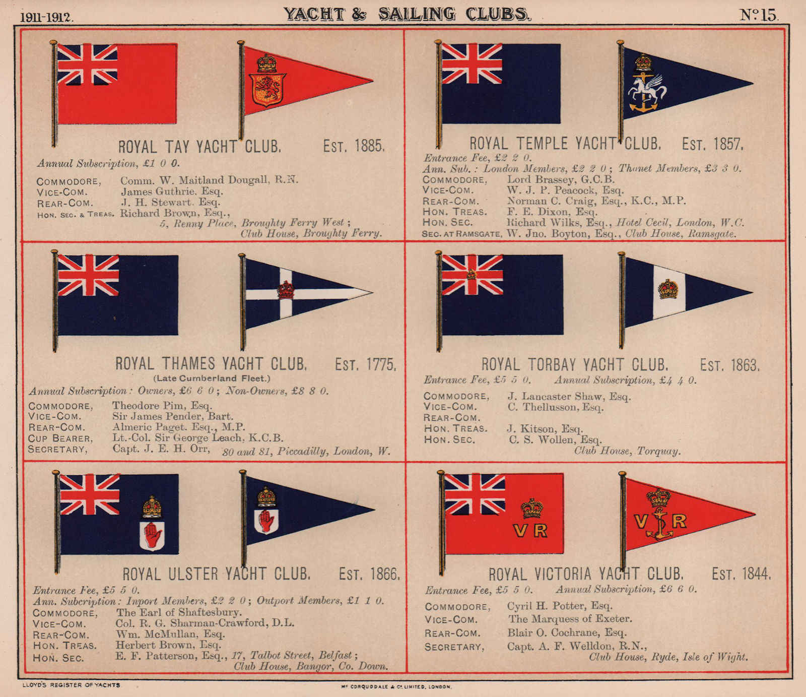 ROYAL YACHT & SAILING CLUB FLAGS T-V Tay Temple Thames Torbay Ulster 1911