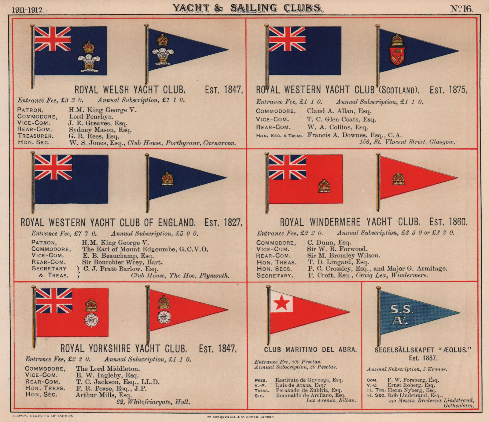ROYAL YACHT & SAILING CLUB FLAGS W-Y Welsh Windermere Yorkshire Abra Aeolus 1911