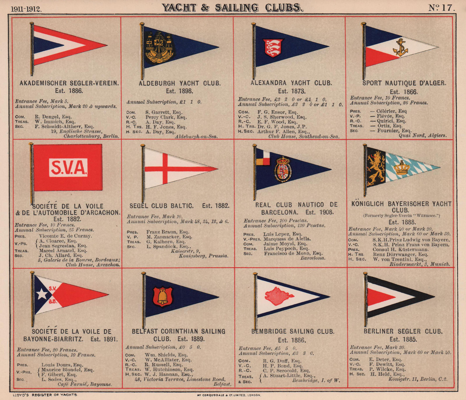 YACHT & SAILING CLUB FLAGS A-B Arcachon Baltic Barcelona Belfast Bembridge 1911