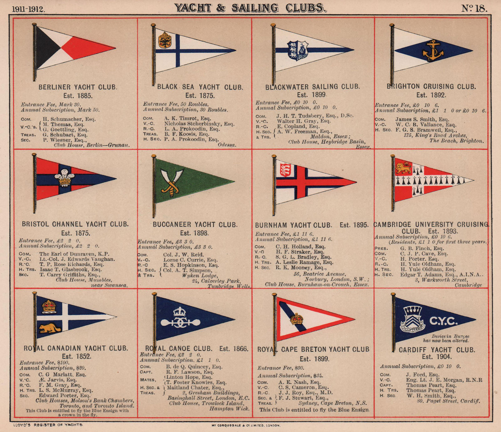 YACHT/SAILING CLUB FLAGS B-C Berlin Brighton Cambridge Cape Breton Cardiff 1911