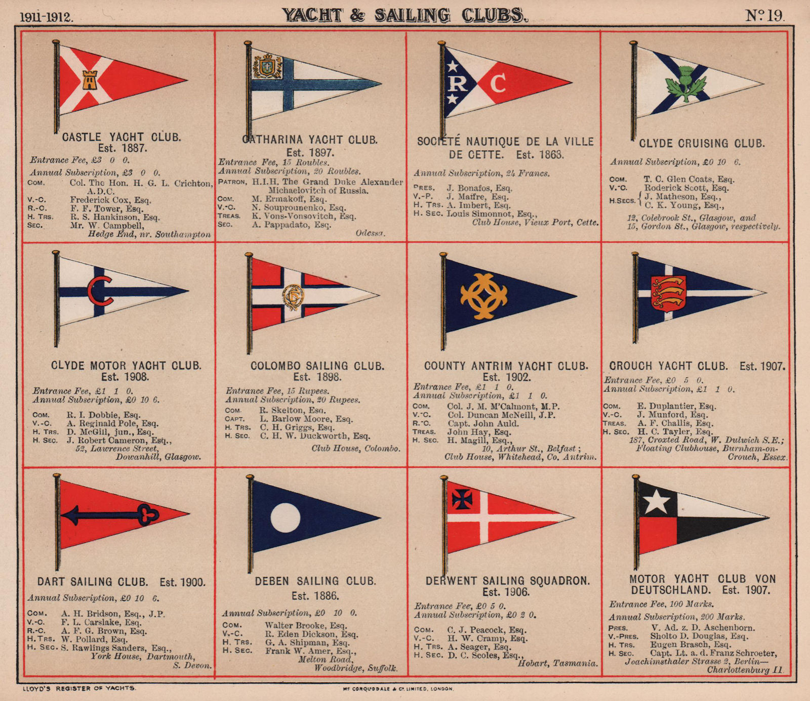 Associate Product YACHT & SAILING CLUB FLAGS C-D Oatharina Cette Clyde Colombo Antrim Dart 1911