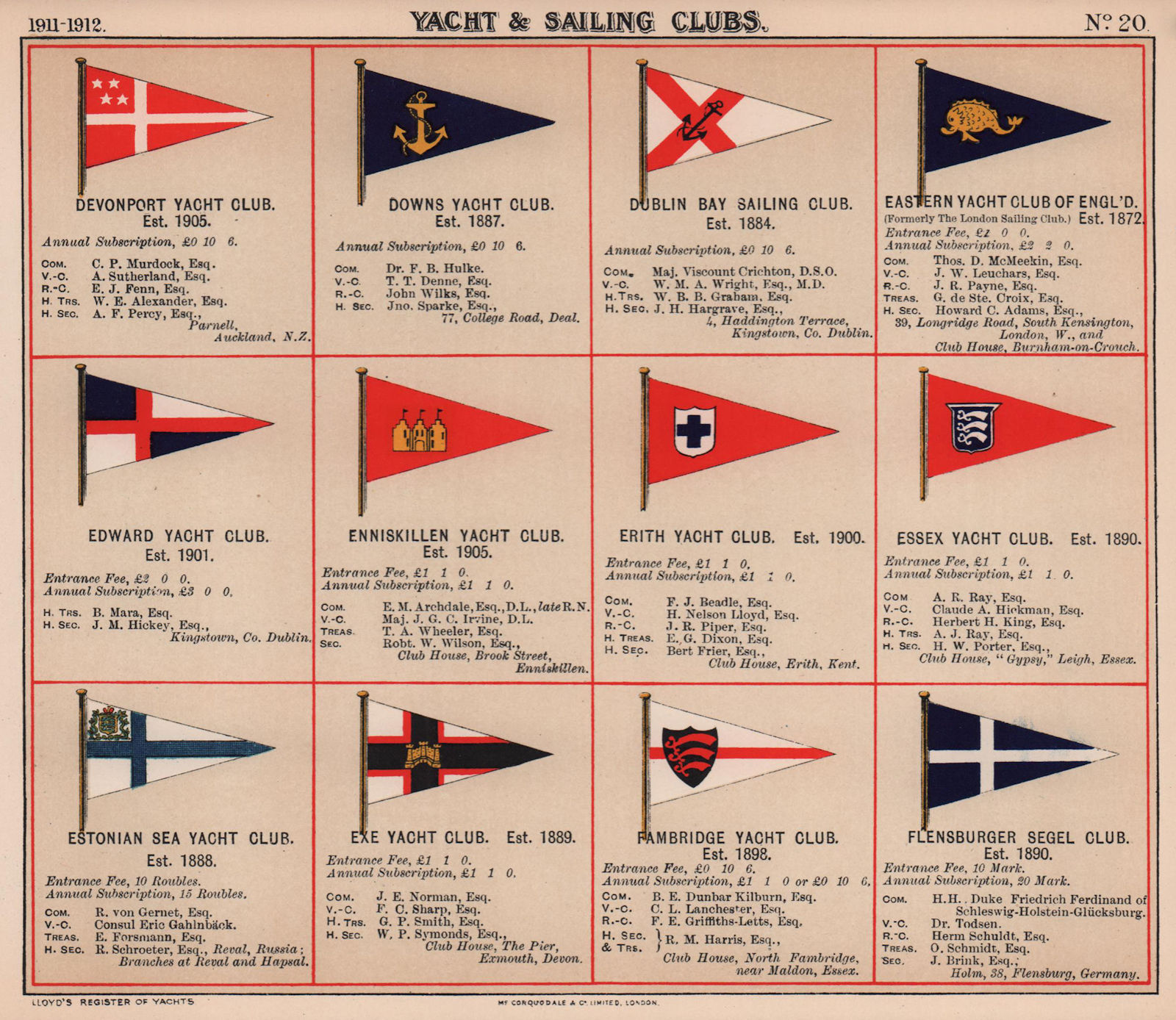 YACHT & SAILING CLUB FLAGS D-F Devonport Dublin Erith Essex Exe Flensburg 1911