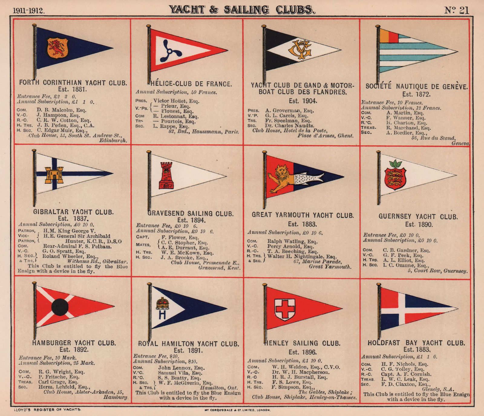 YACHT & SAILING CLUB FLAGS F-H Forth Gibraltar Guernsey Hamilton Henley 1911