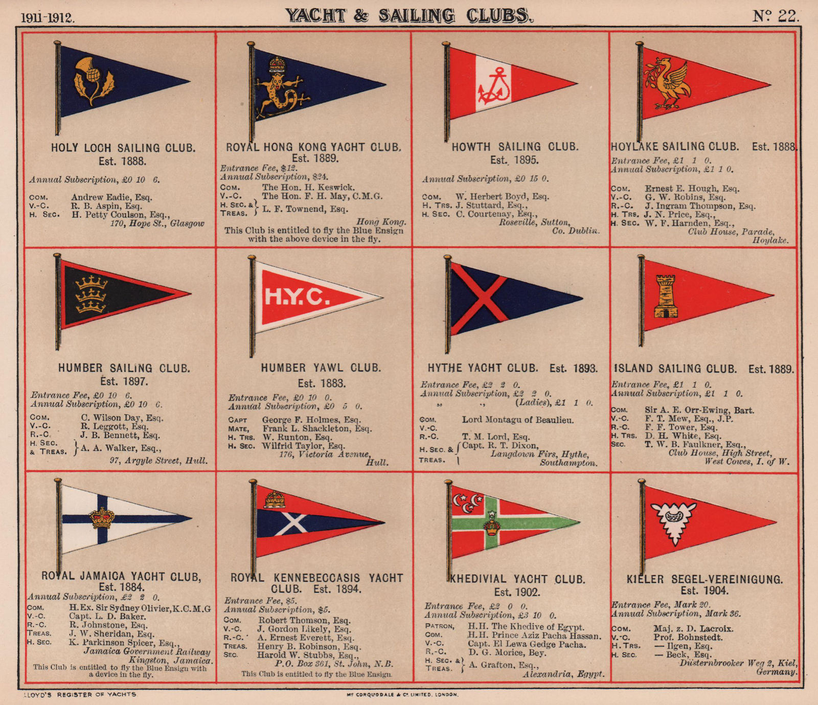 YACHT & SAILING CLUB FLAGS H-K Hong Kong Humber Jamaica Kennebeccasis Kiel 1911