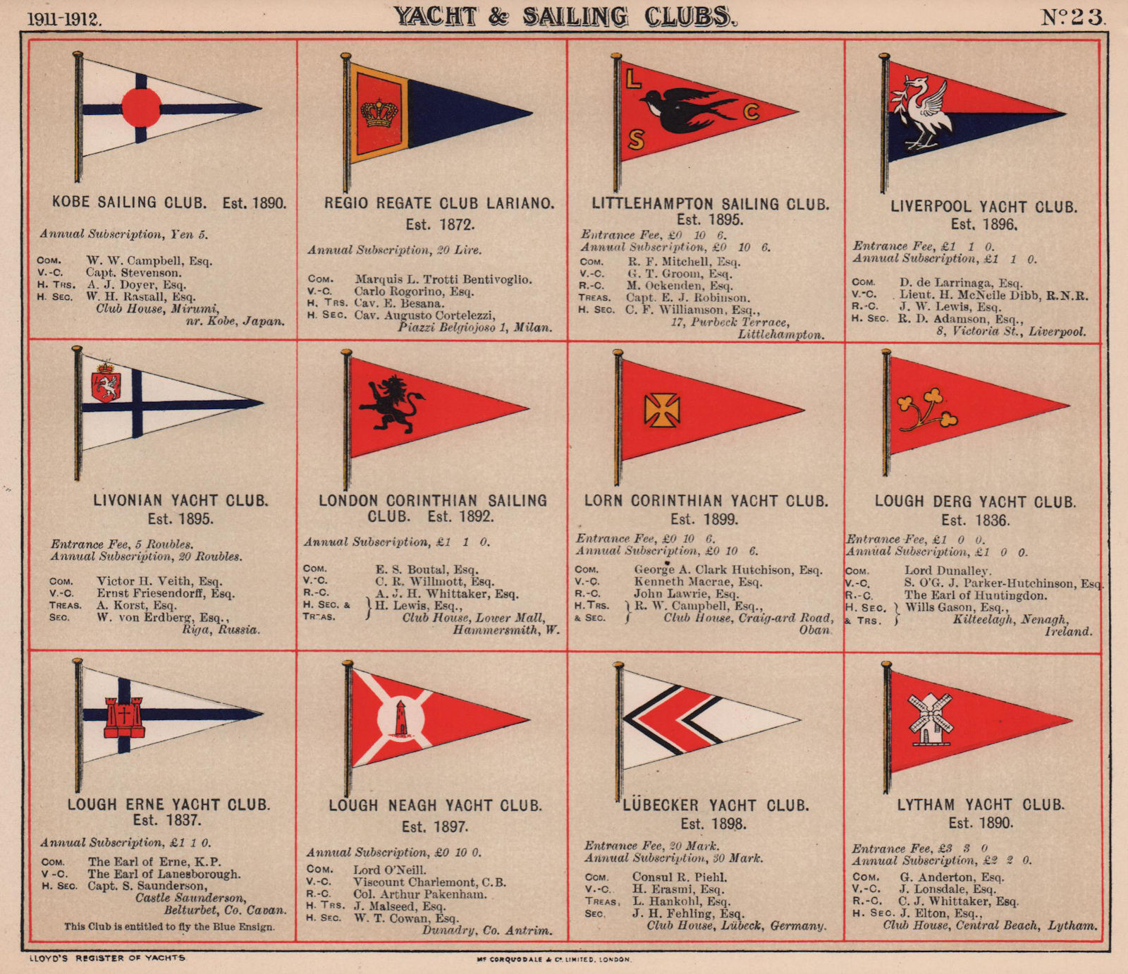 Associate Product YACHT & SAILING CLUB FLAGS K-L Kobe Liverpool London Lorn Derg Erne Lytham 1911