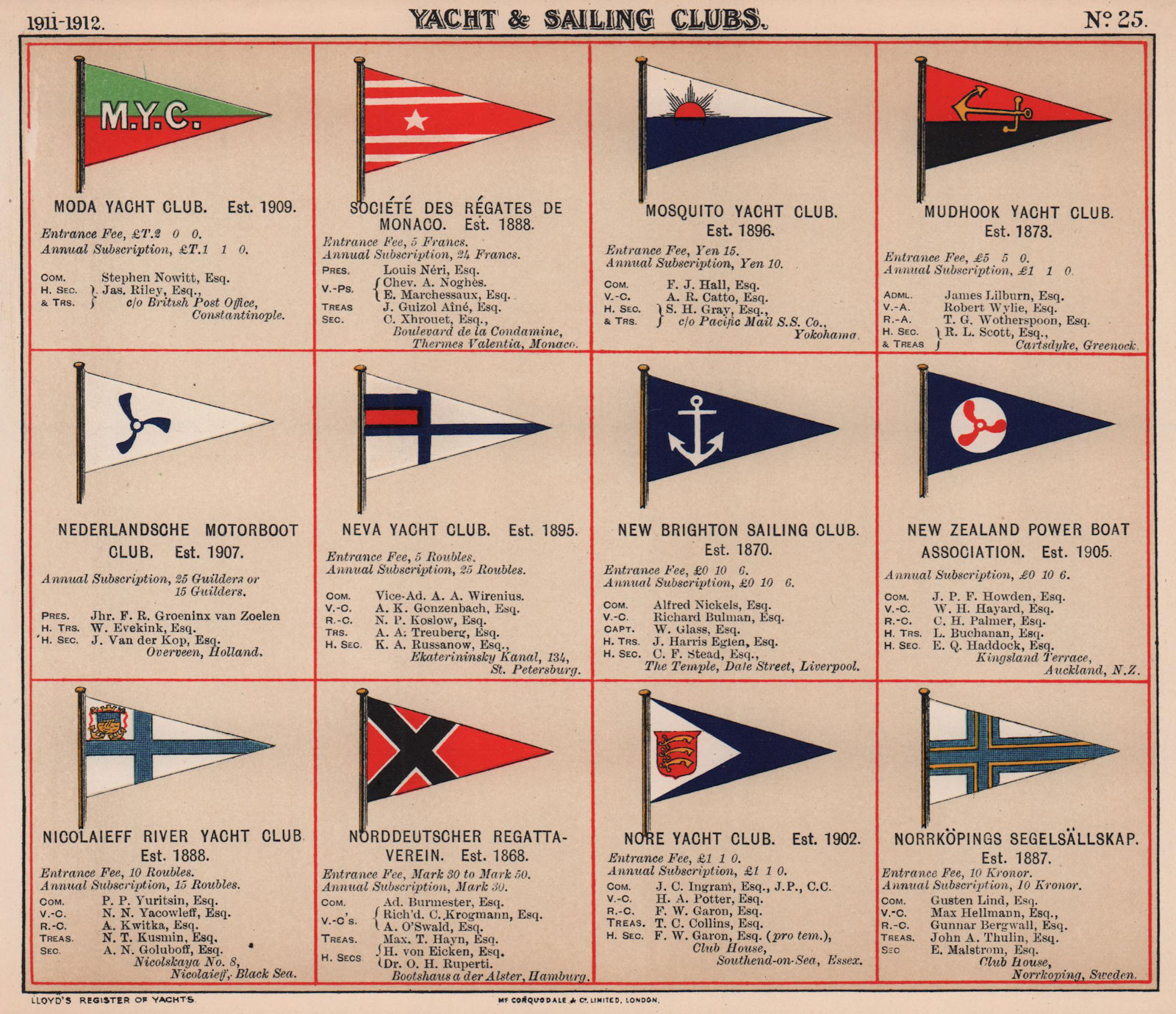 Associate Product YACHT & SAILING CLUB FLAGS M-N Moda Monaco Mudhook Neva New Zealand Nore 1911