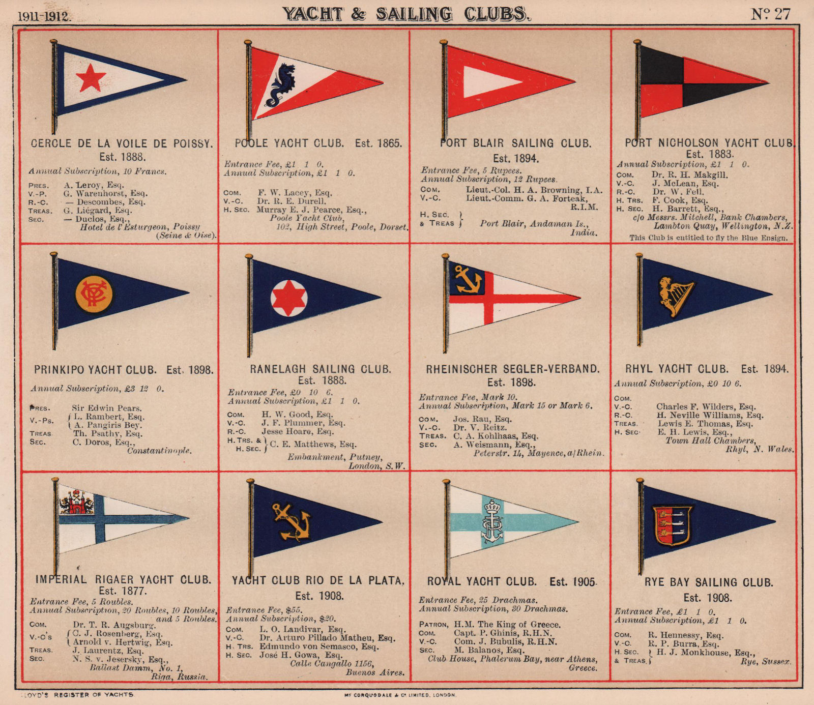 YACHT & SAILING CLUB FLAGS P-R Poole Prinkipo Ranelagh Rio de la Plata Rye 1911