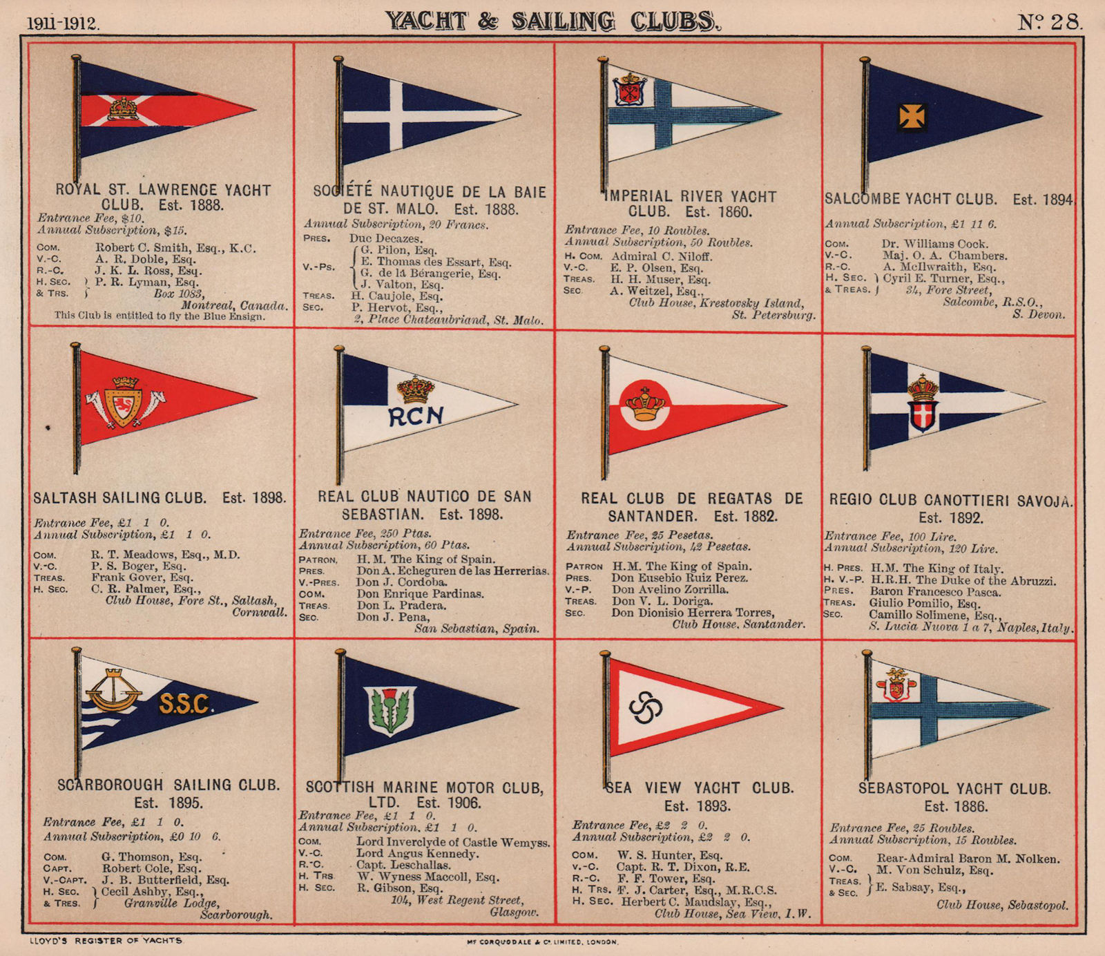YACHT/SAILING CLUB FLAGS R-S St Lawrence/Malo Salcombe Saltash Scarborough 1911