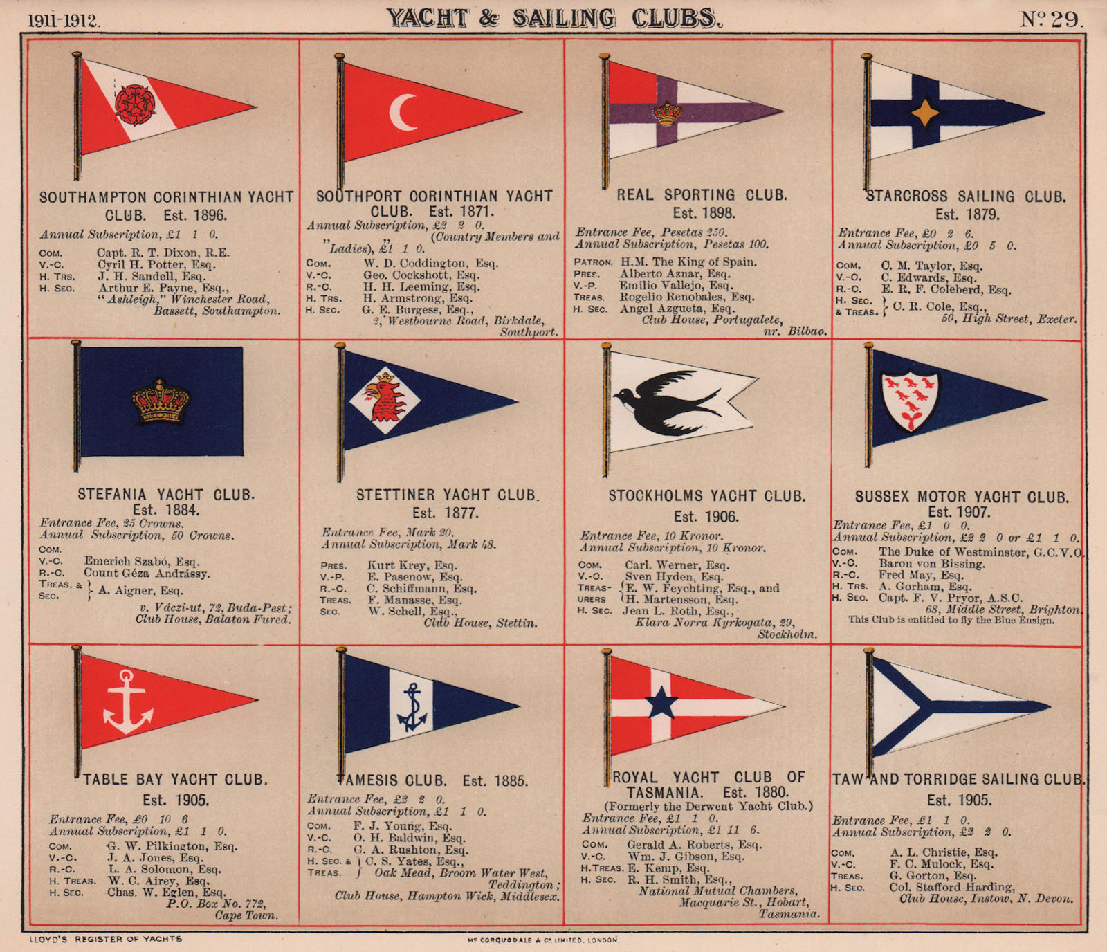 YACHT & SAILING CLUB FLAGS S-T Southport Sussex Table Bay Tamesis Tasmania 1911