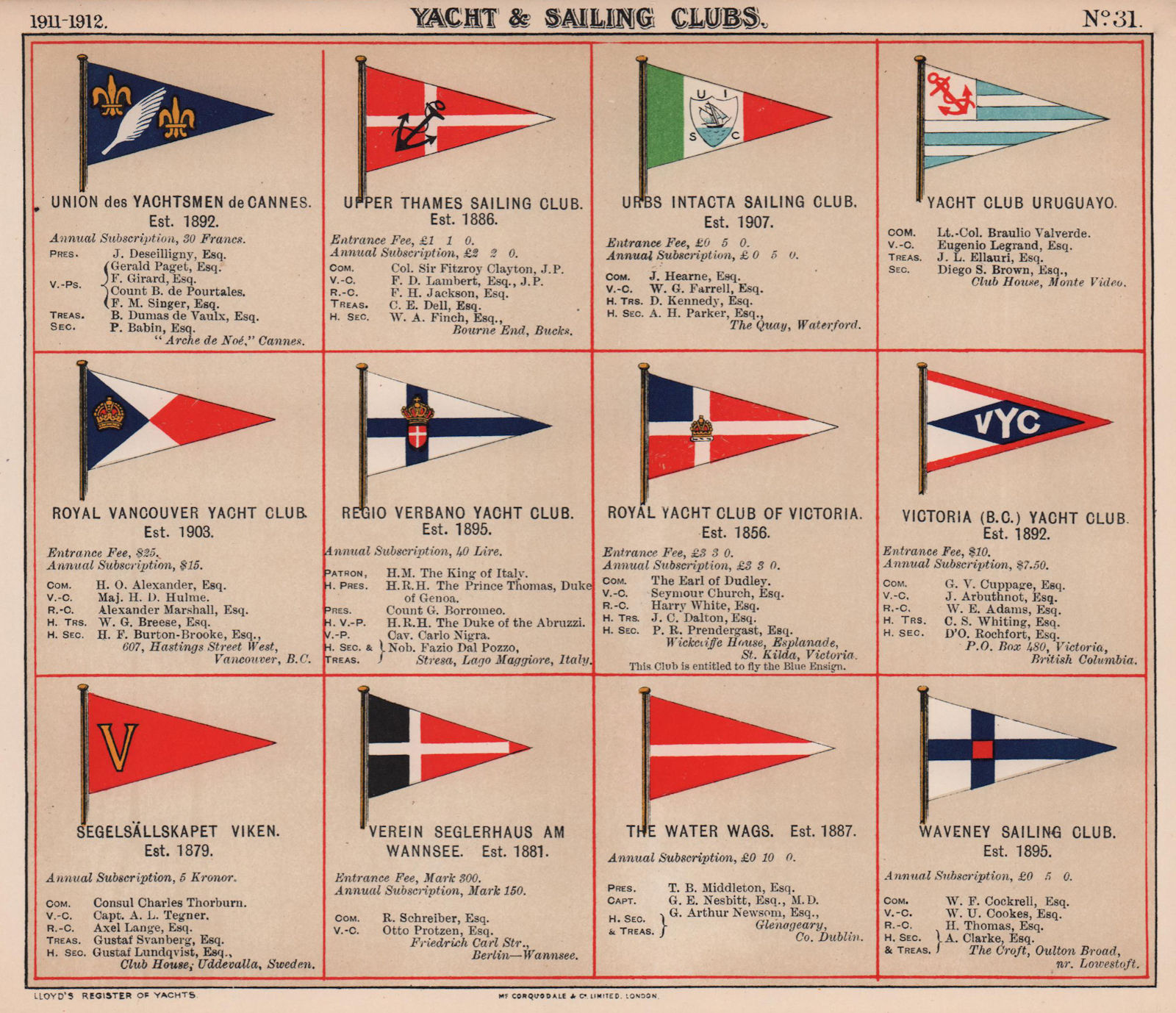 YACHT/SAILING CLUB FLAGS U-W Cannes Thames Urbs Intacta Uruguayo Vancouver 1911