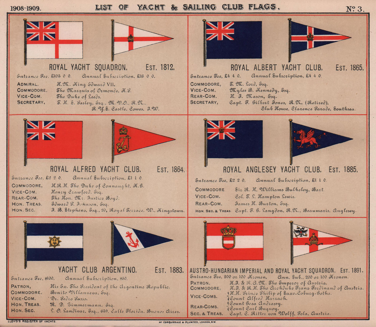 ROYAL YACHT & SAILING CLUB FLAGS A Squadron Albert Anglesey Argentino 1908