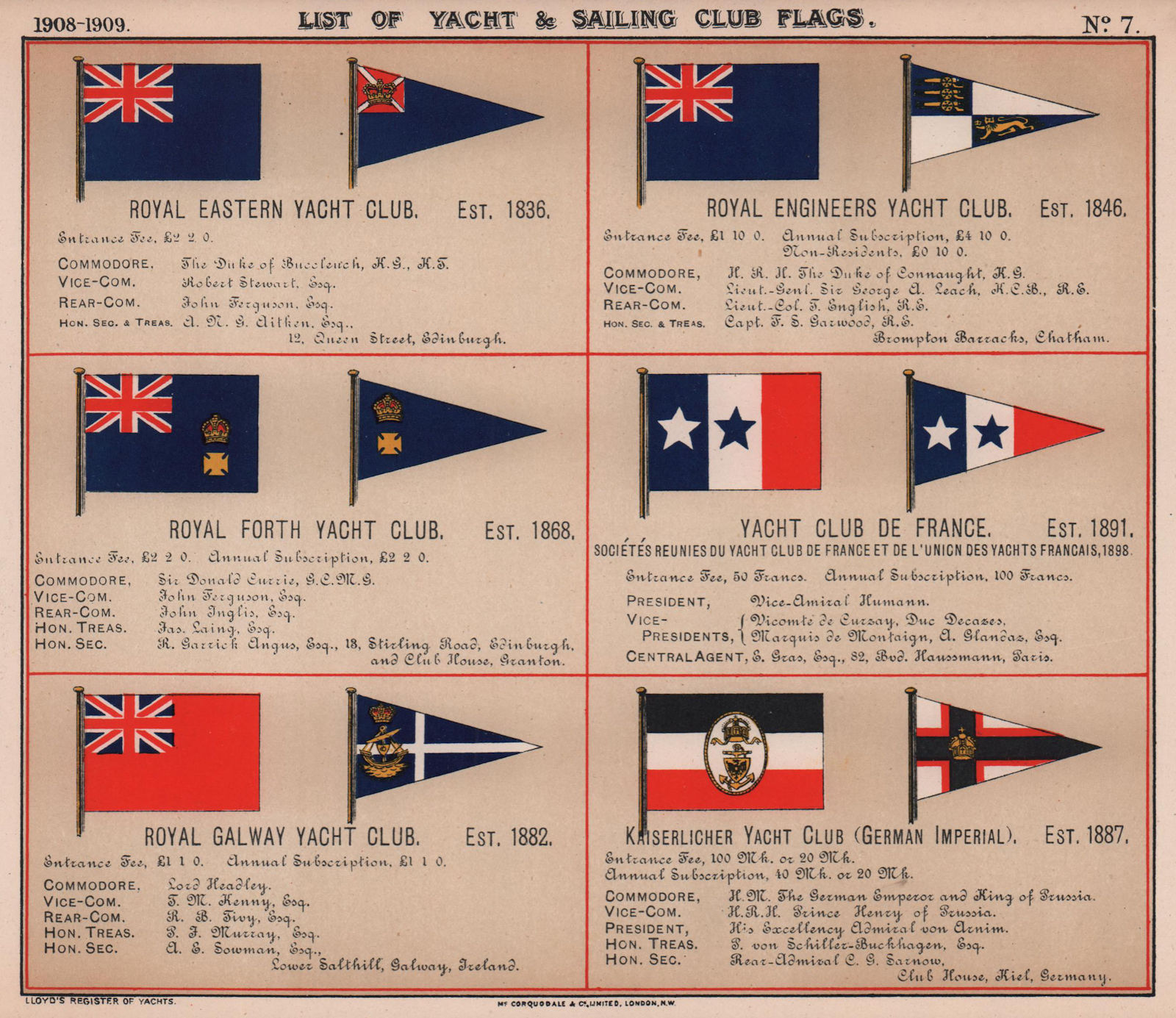 Associate Product ROYAL YACHT & SAILING CLUB FLAGS E-G Eastern Engineers Forth Galway 1908 print