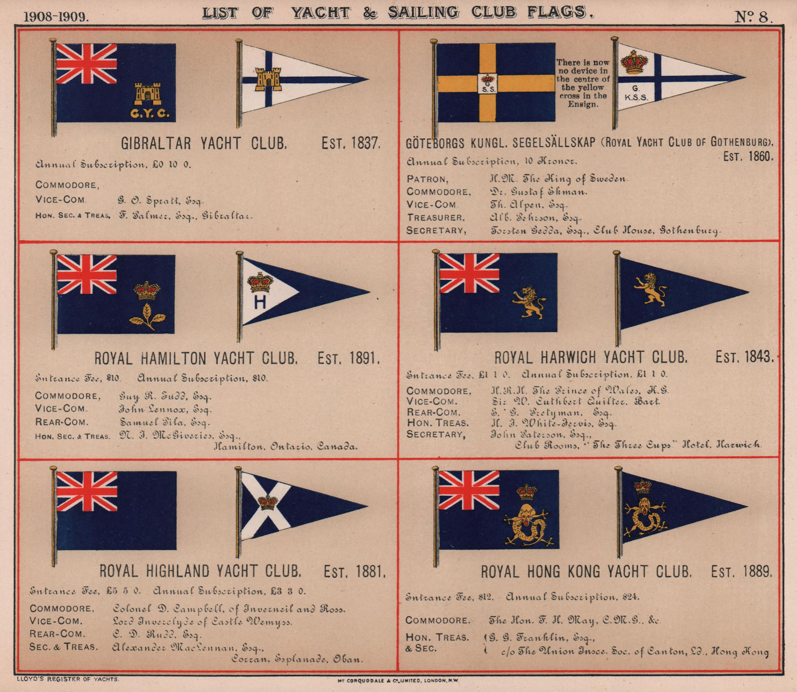 ROYAL YACHT & SAILING CLUB FLAGS G-H Gibraltar Hamilton Harwich Hong Kong 1908