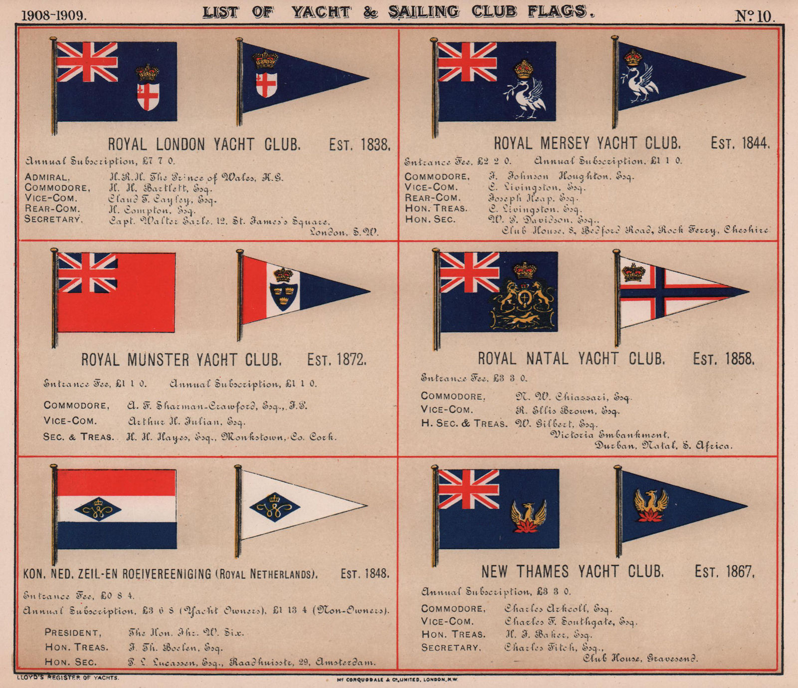 ROYAL YACHT & SAILING CLUB FLAGS L-N London Mersey Munster Natal New Thames 1908