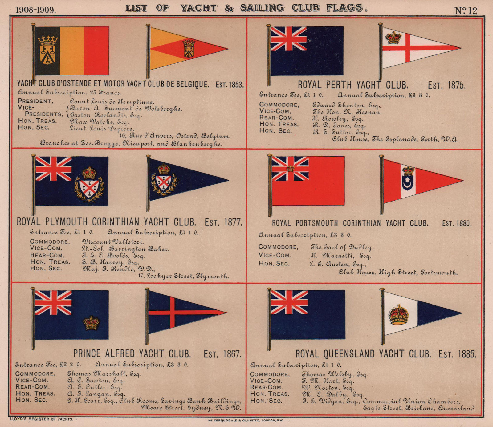 ROYAL YACHT & SAILING CLUB FLAGS O-Q Ostende Plymouth Portsmouth Queensland 1908