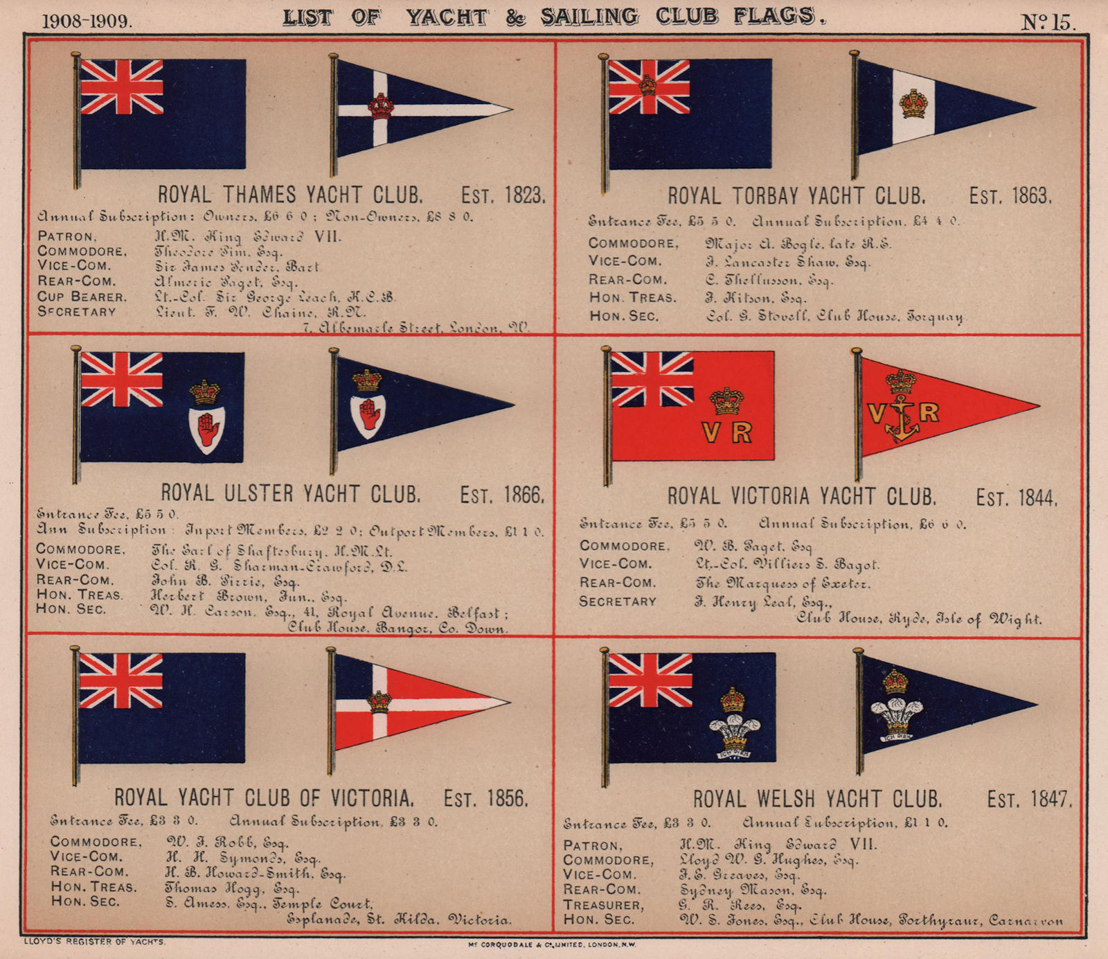 ROYAL YACHT & SAILING CLUB FLAGS T-W Thames Torbay Ulster Victoria Welsh 1908