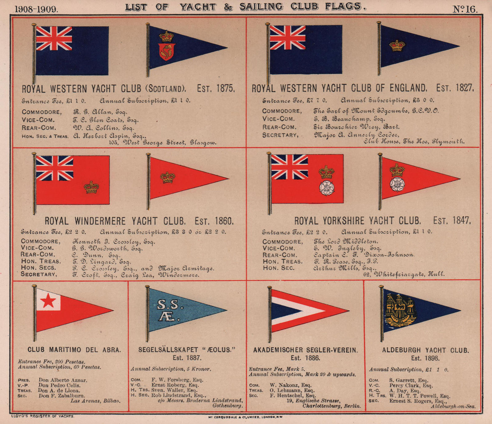 ROYAL YACHT & SAILING CLUB FLAGS. W-Z Windermere Yorkshire Abra Aldeburgh 1908